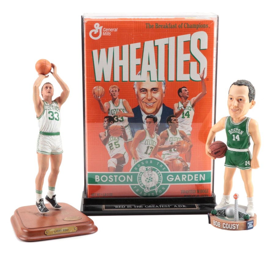 Bob Cousy, Larry Bird Figures with Boston Garden "Wheaties" Box