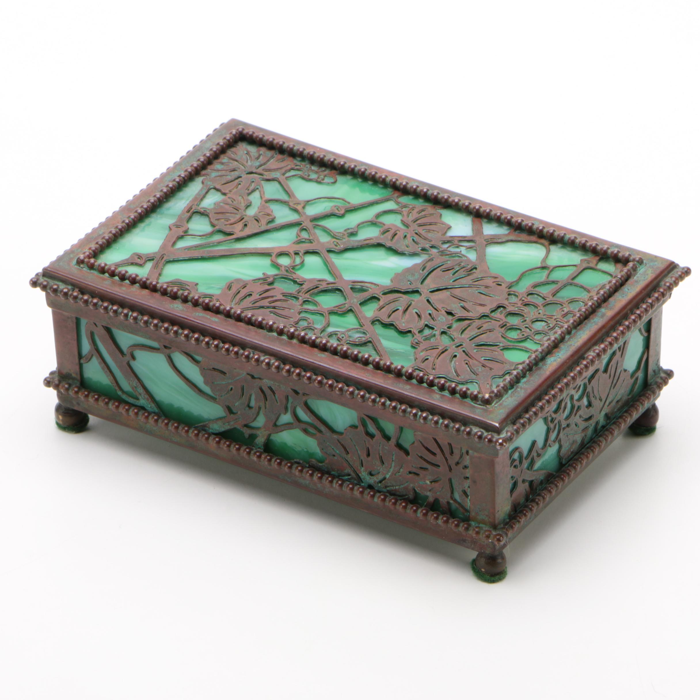 Tiffany Studios "Grapevine" Bronze Overlaid Glass Box, Early 20th Century