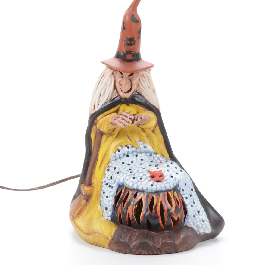 Hand-Painted Ceramic Witch with Illuminated Cauldron