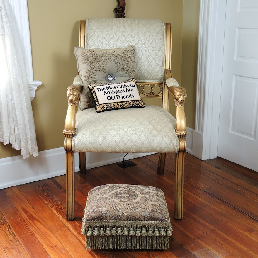 Louis XVI Giltwood Upholstered Armchair and Upholstered Footstool