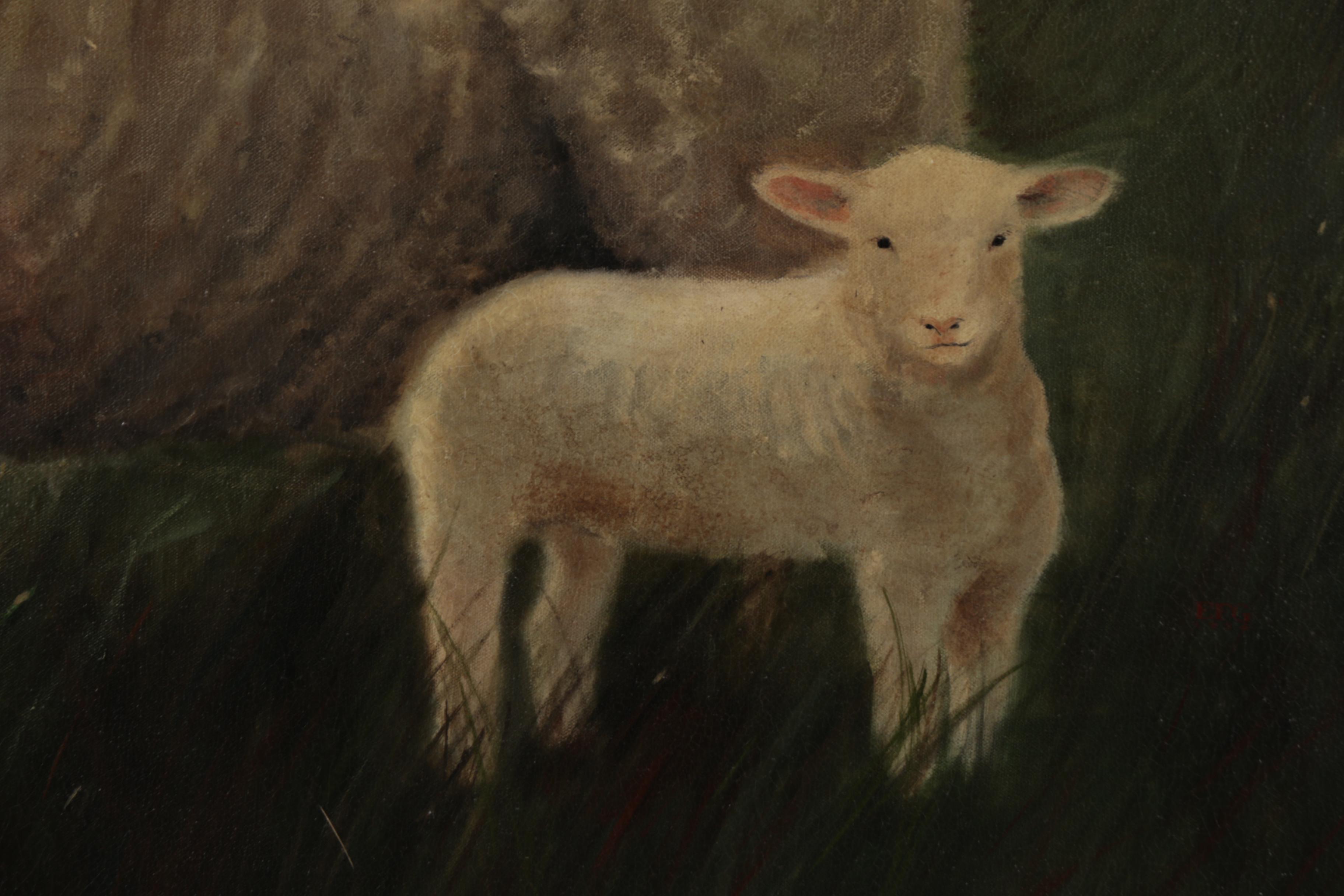 Elizabeth Gilkey Folk Art Oil Painting of Sheep