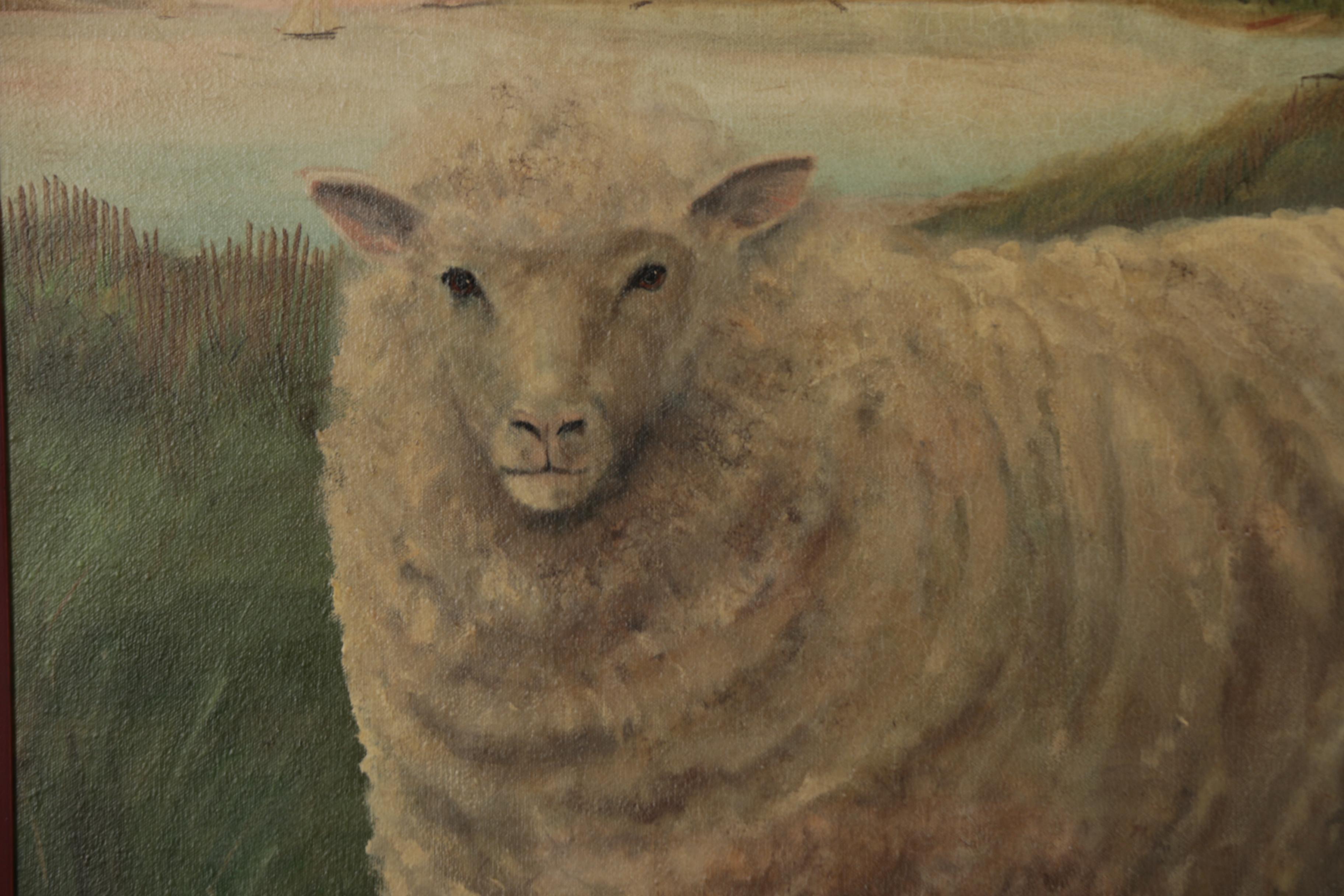 Elizabeth Gilkey Folk Art Oil Painting of Sheep