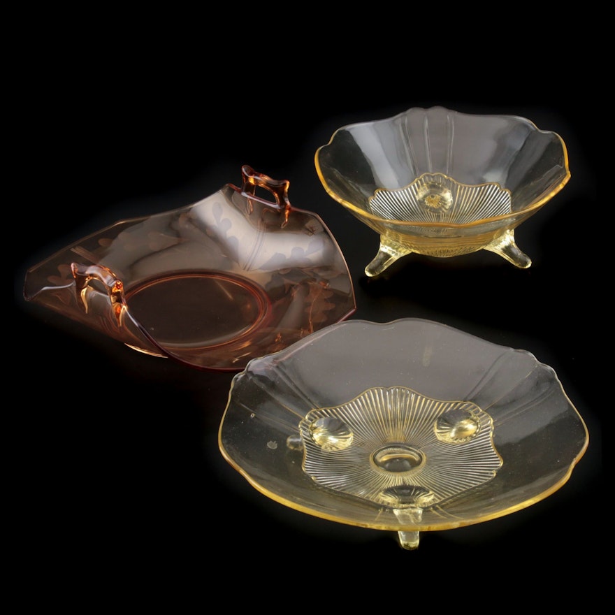 American Amber and Canary Glass Serveware Pieces, Early 20th Century