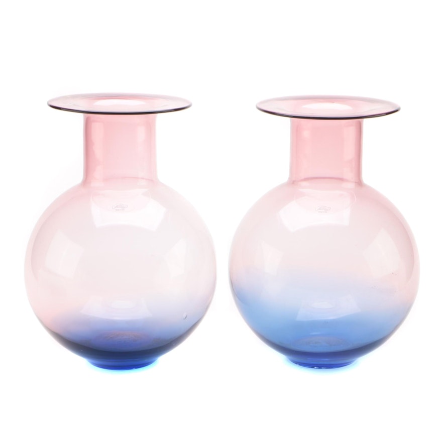 Pair of Blenko Blue to Purple Ombre Glass Bulbous Vases