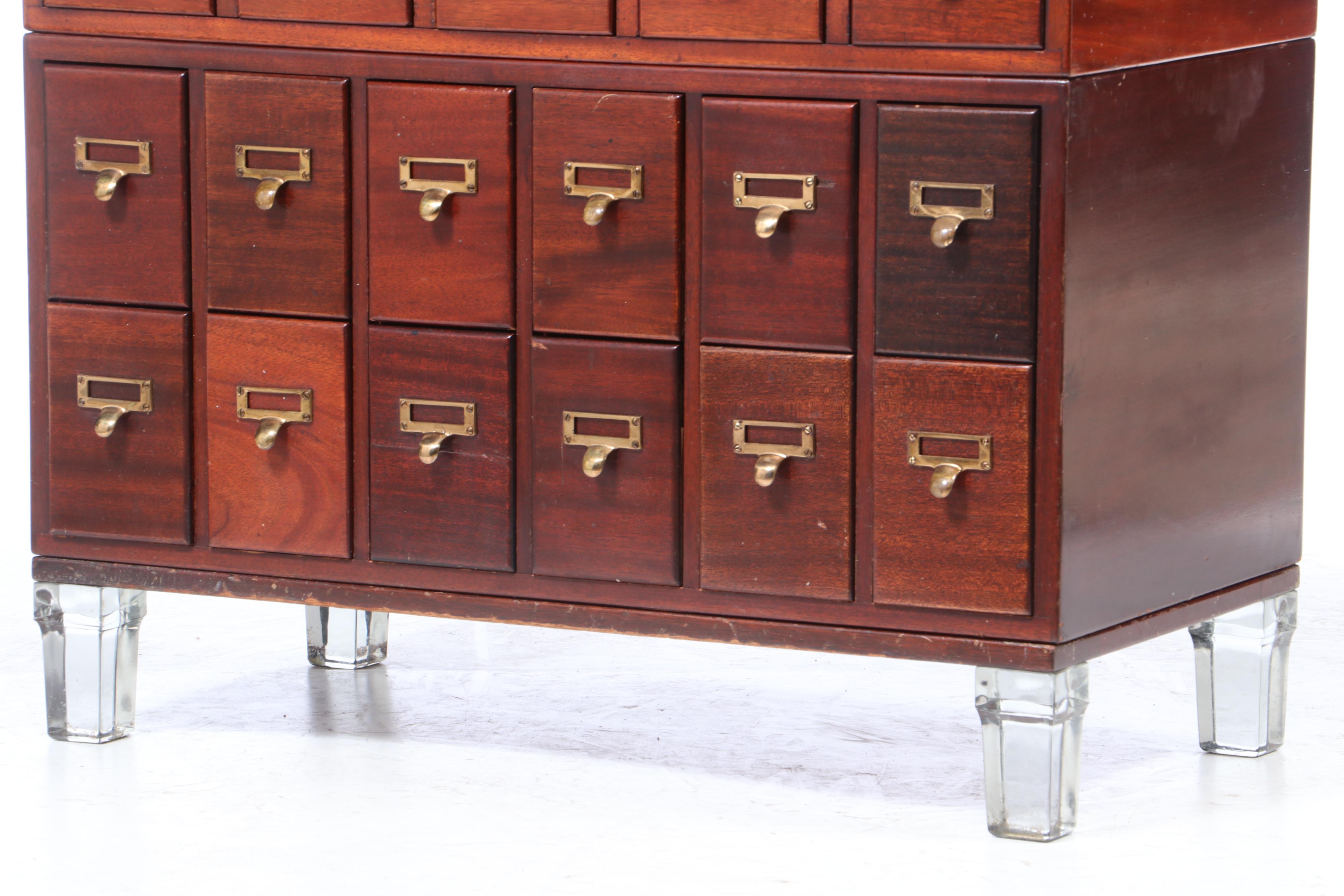 Library Bureau-Makers, Mahogany and Glass-Footed Five-Stack Card File Cabinet