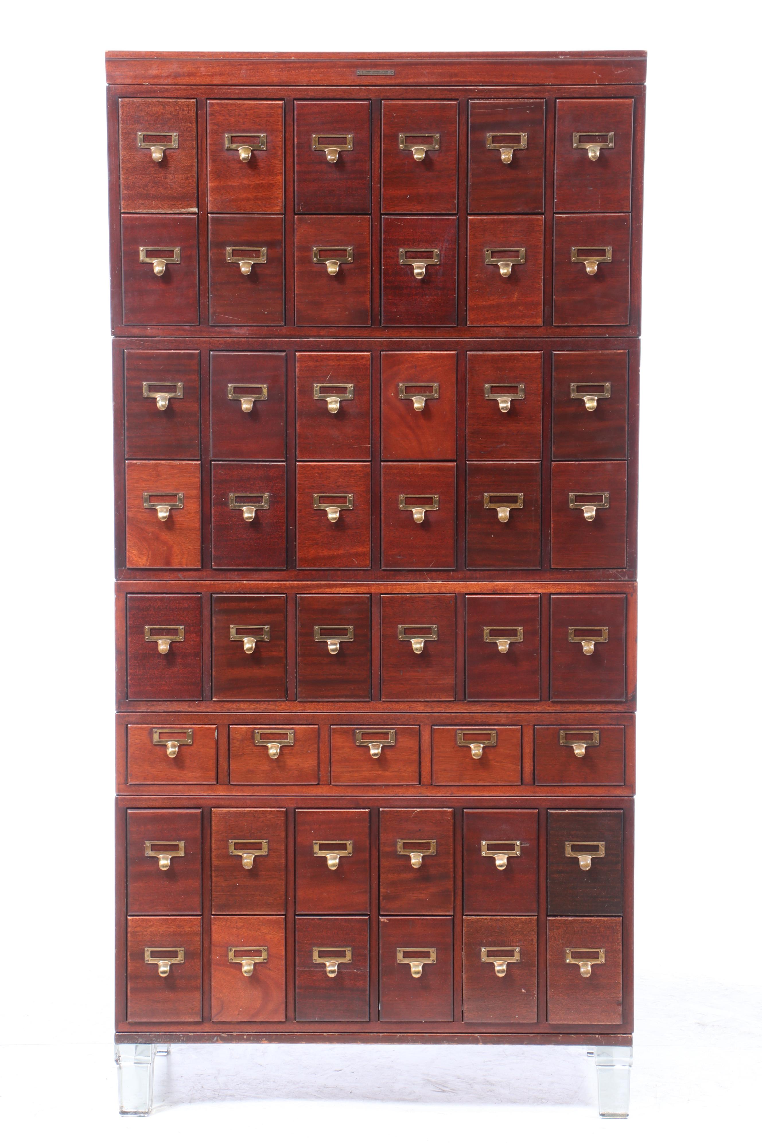 Library Bureau-Makers, Mahogany and Glass-Footed Five-Stack Card File Cabinet