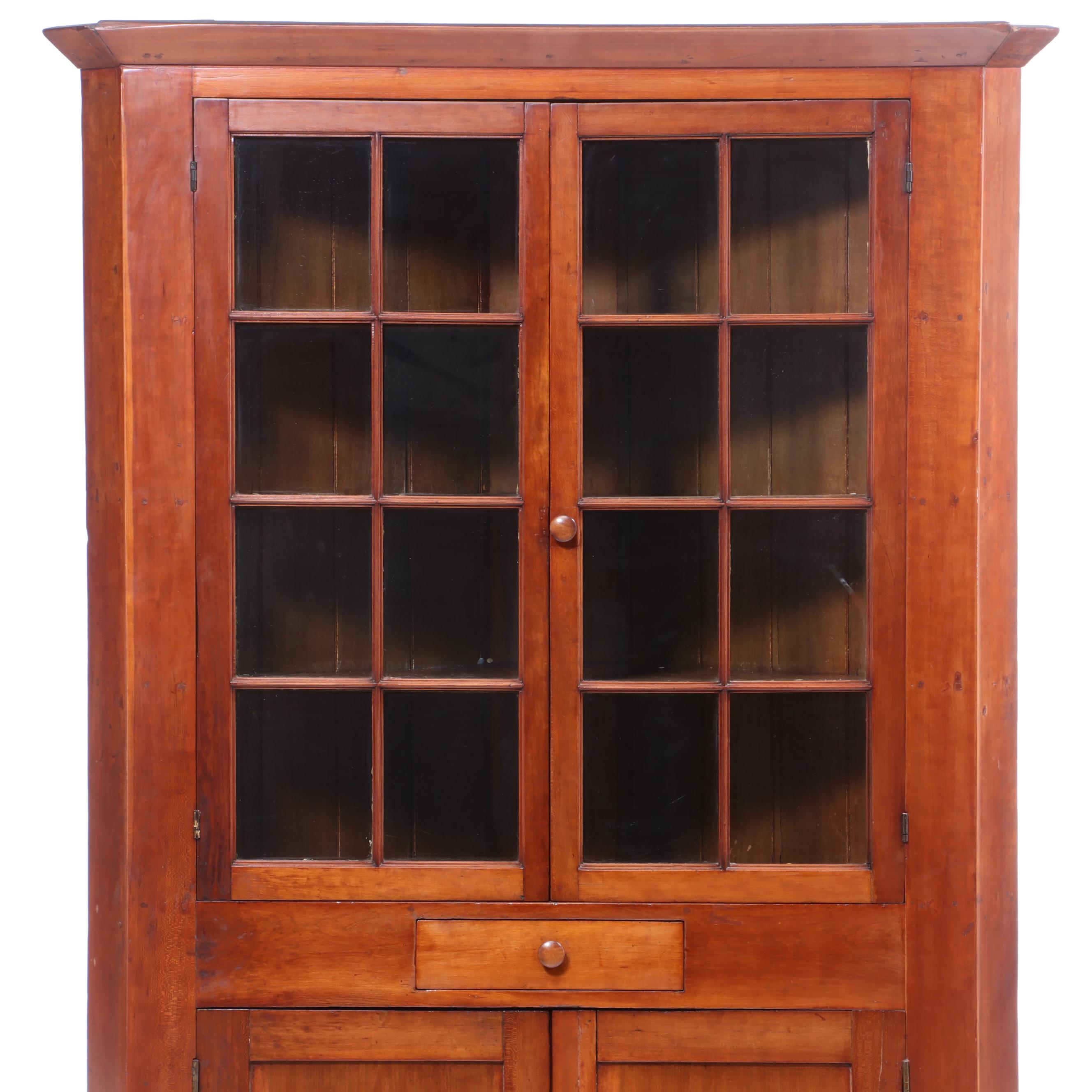 American Cherry Glazed-Door Corner Cupboard, Mid-19th Century