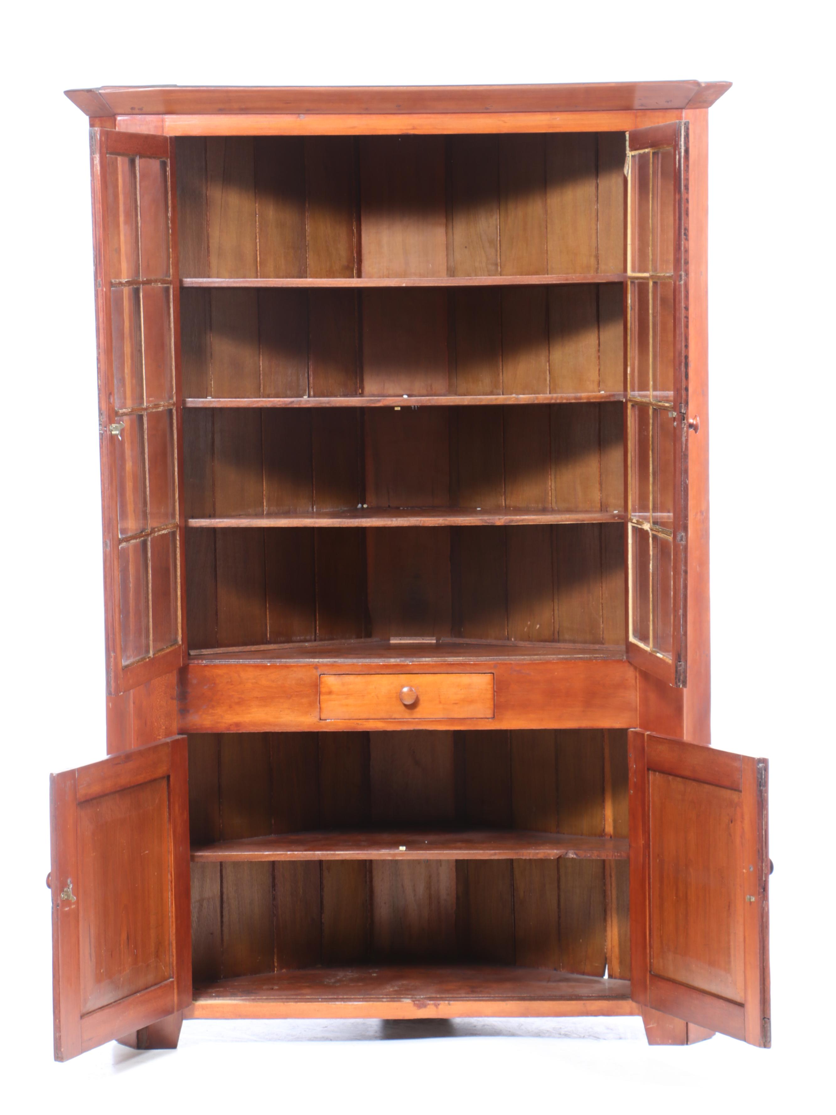 American Cherry Glazed-Door Corner Cupboard, Mid-19th Century
