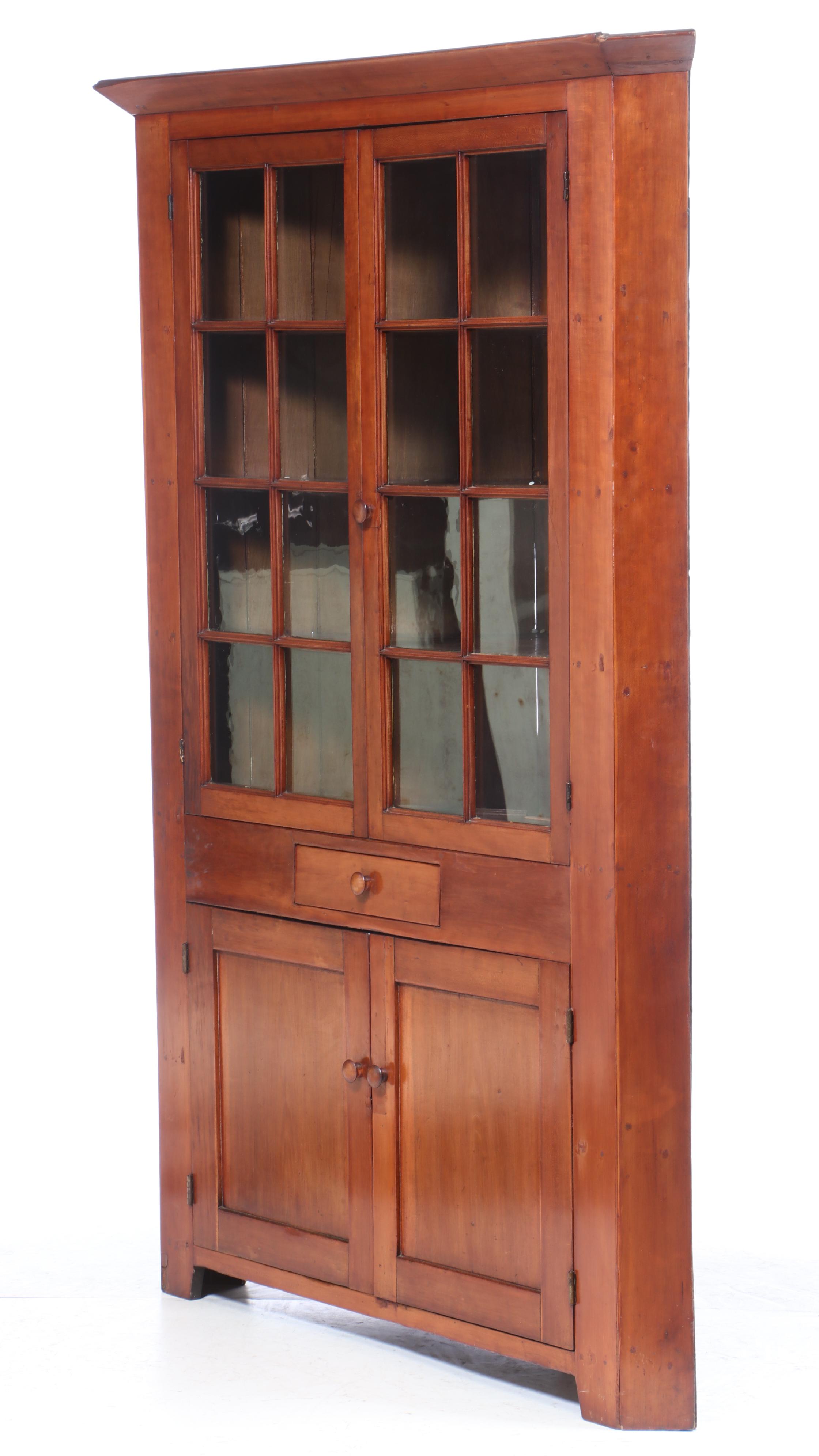 American Cherry Glazed-Door Corner Cupboard, Mid-19th Century