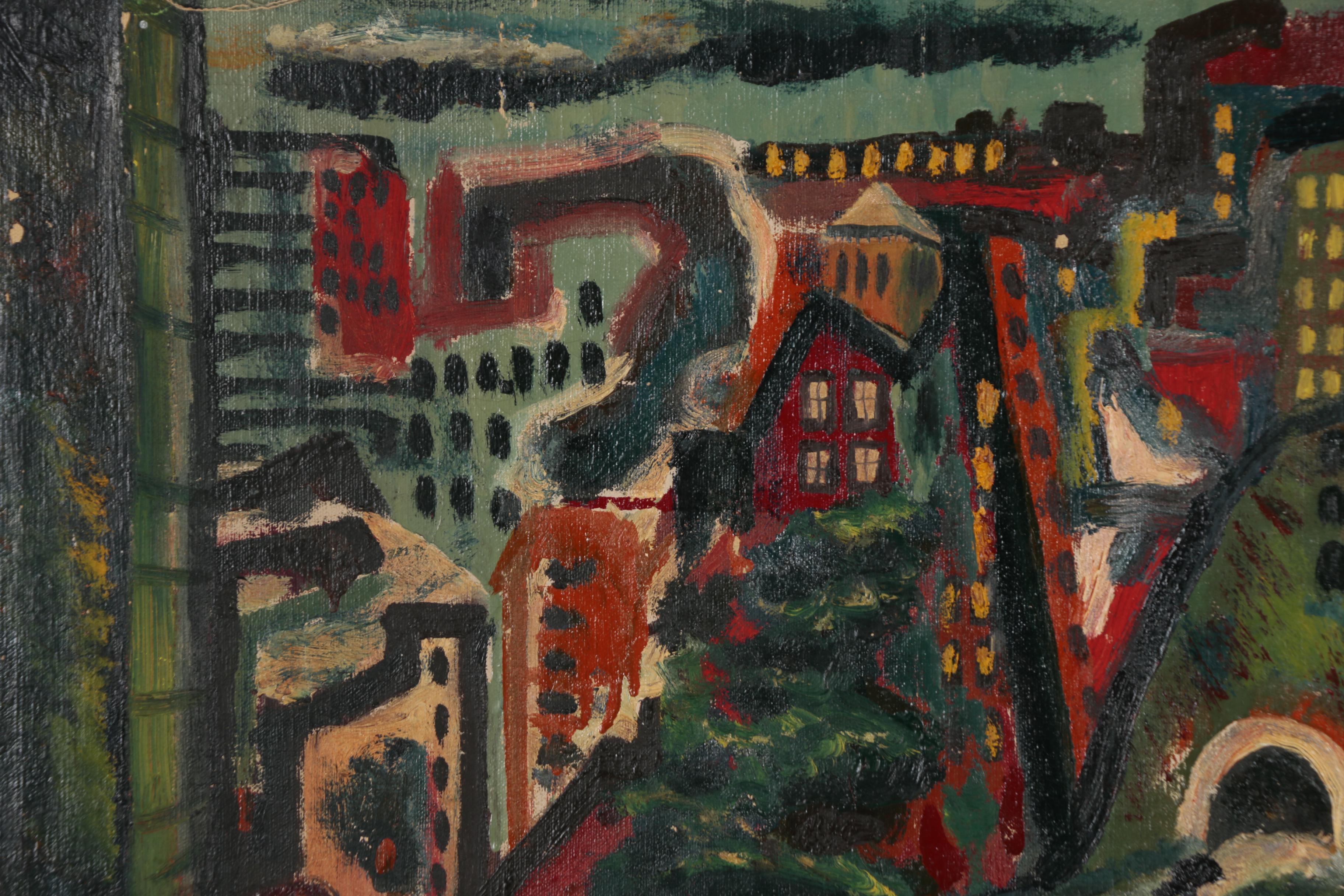 Howard Mitcham Oil Painting of Nocturnal Cityscape, 1945
