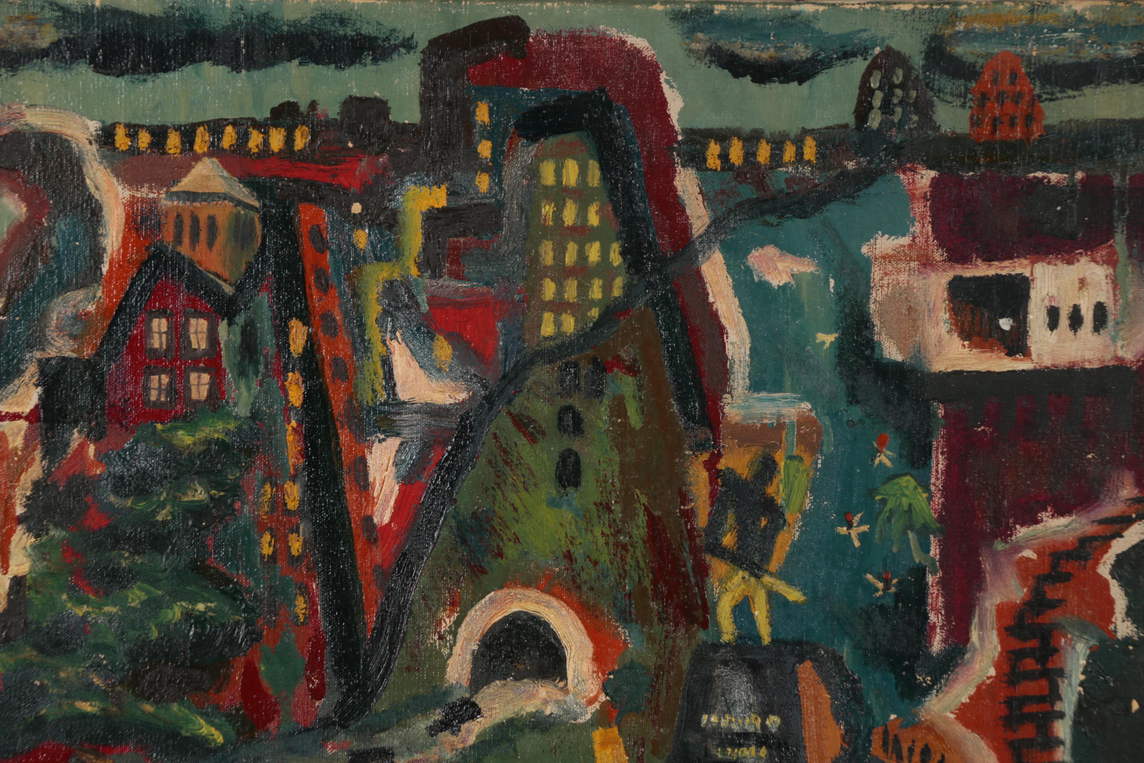 Howard Mitcham Oil Painting of Nocturnal Cityscape, 1945