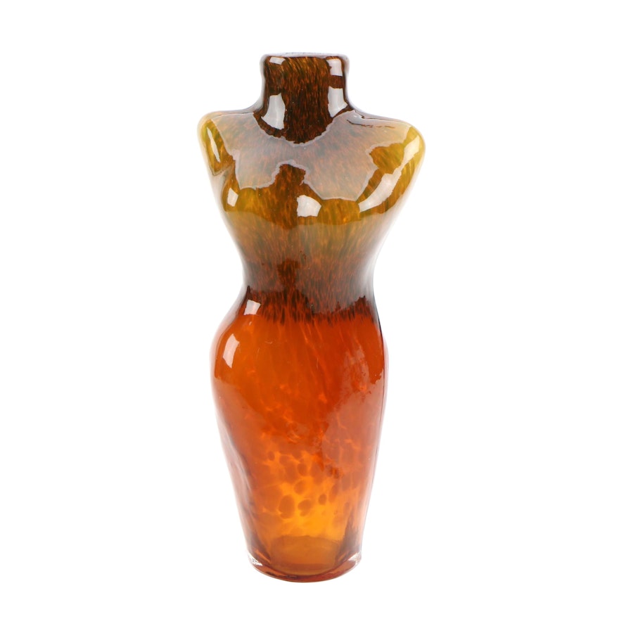 Mottled Orange and Brown Art Glass Nude Female Figural Vase