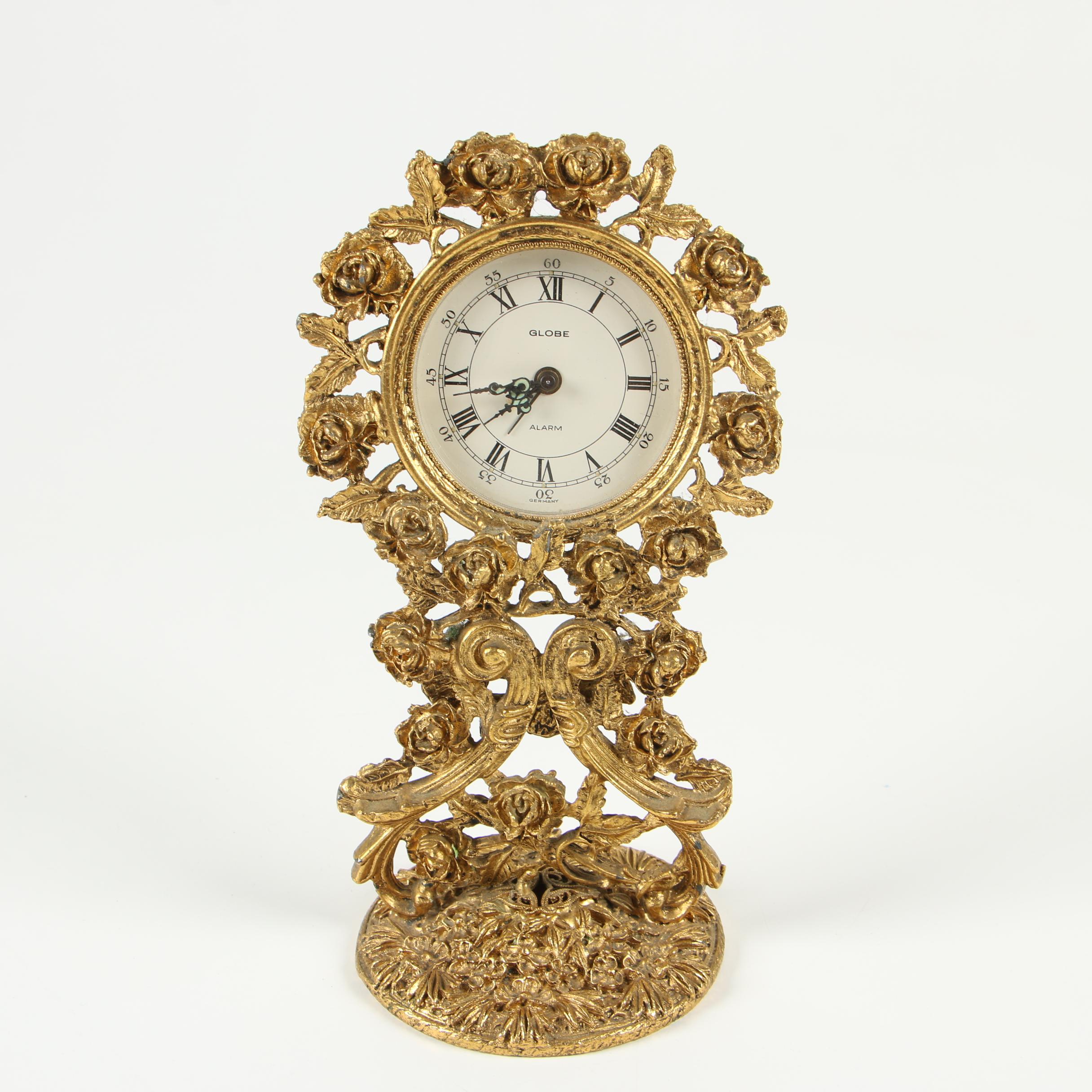 German Globe Gilt Metal Floral Alarm Clock