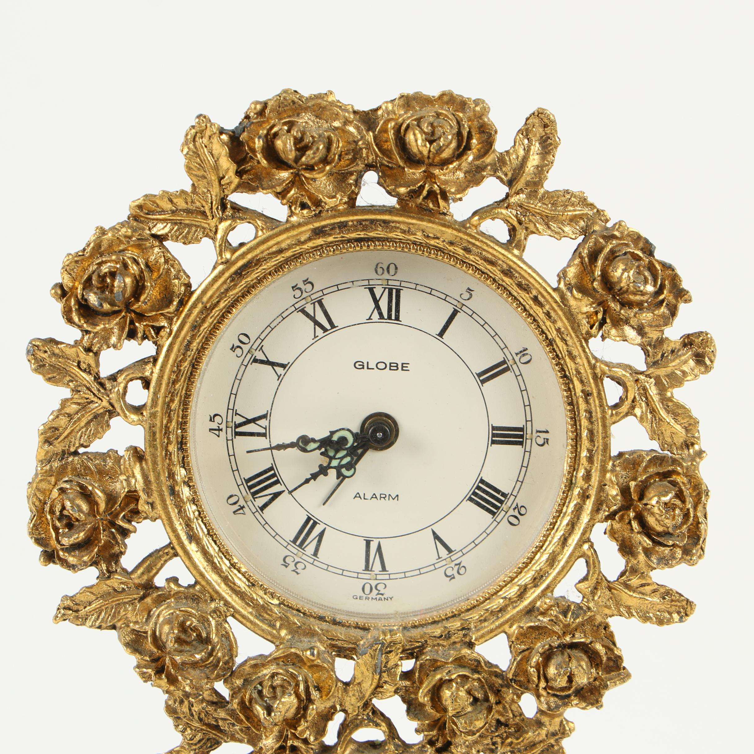 German Globe Gilt Metal Floral Alarm Clock