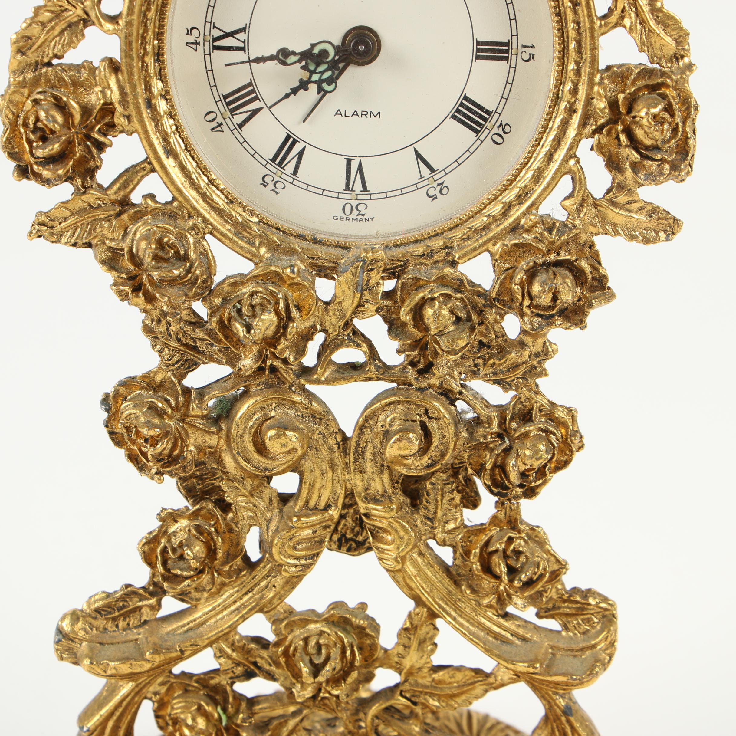 German Globe Gilt Metal Floral Alarm Clock