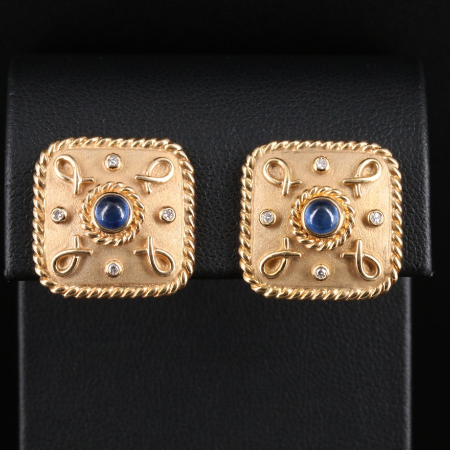 14K Yellow Gold Sapphire and Diamond Button Earrings
