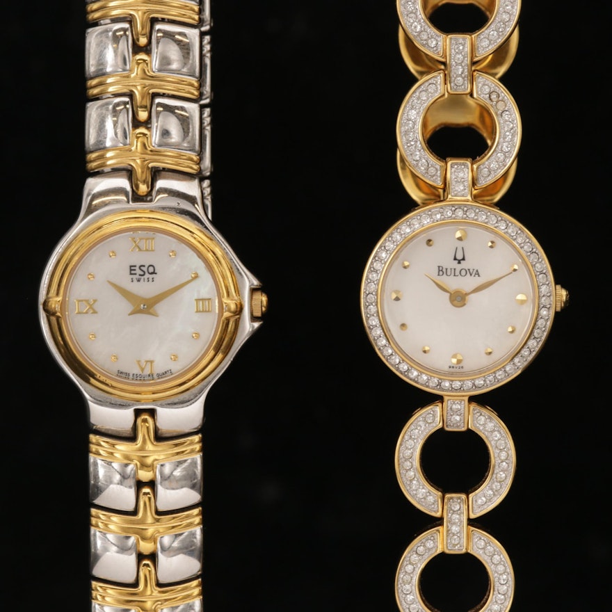 Bulova and ESQ Two Tone Watches with Mother of Pear Dials and Crystal Accents