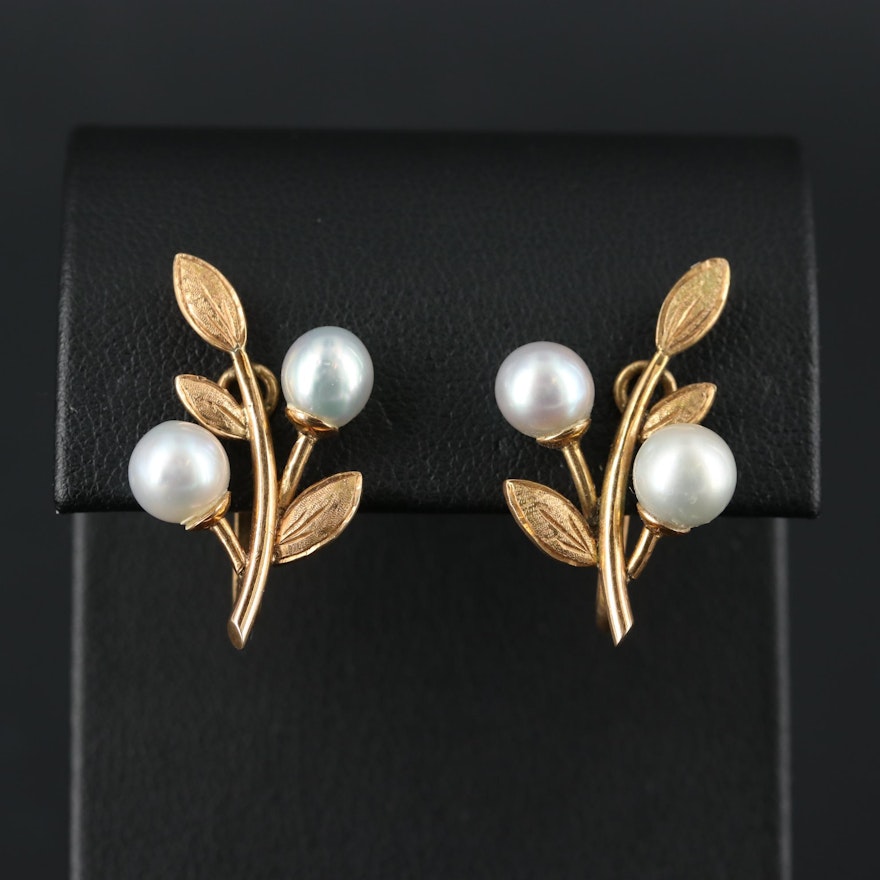 Vintage 14K Yellow Gold Pearl Floral Earrings