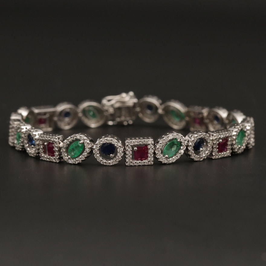 14K Gold Ruby, Sapphire, Emerald and 1.90 CTW Diamond Halo Bracelet