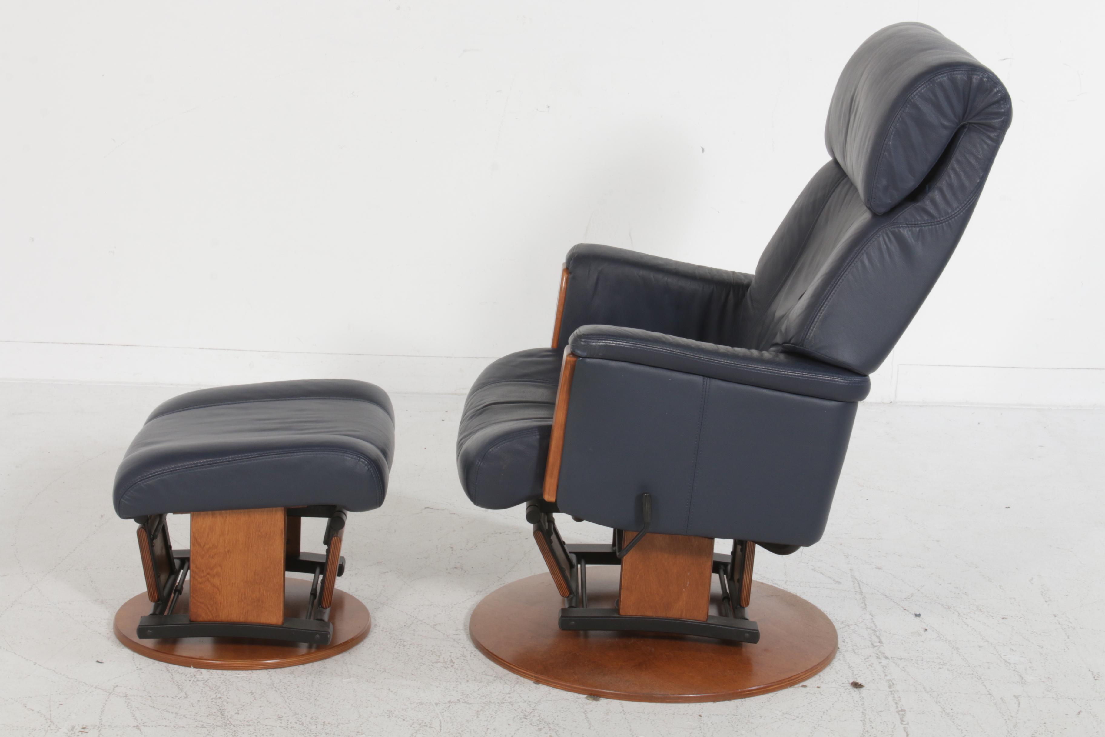 Avantglide Navy Leather Lounge Chair and Ottoman