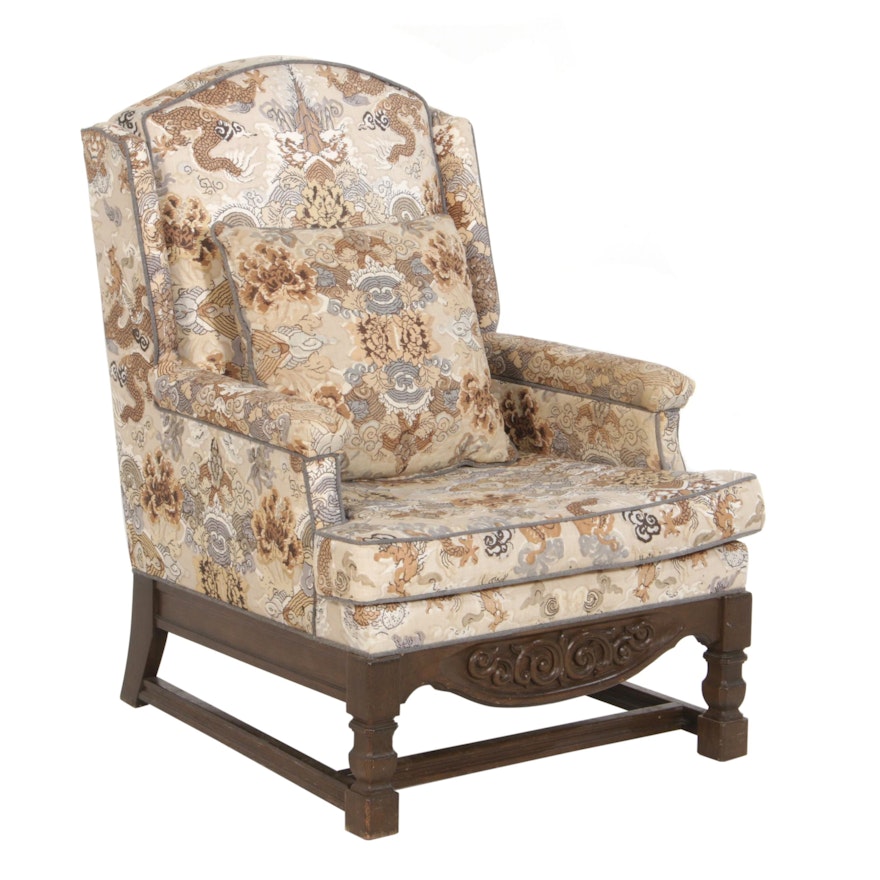 Chinoiserie Upholstered Wingback Armchair, 20th Century