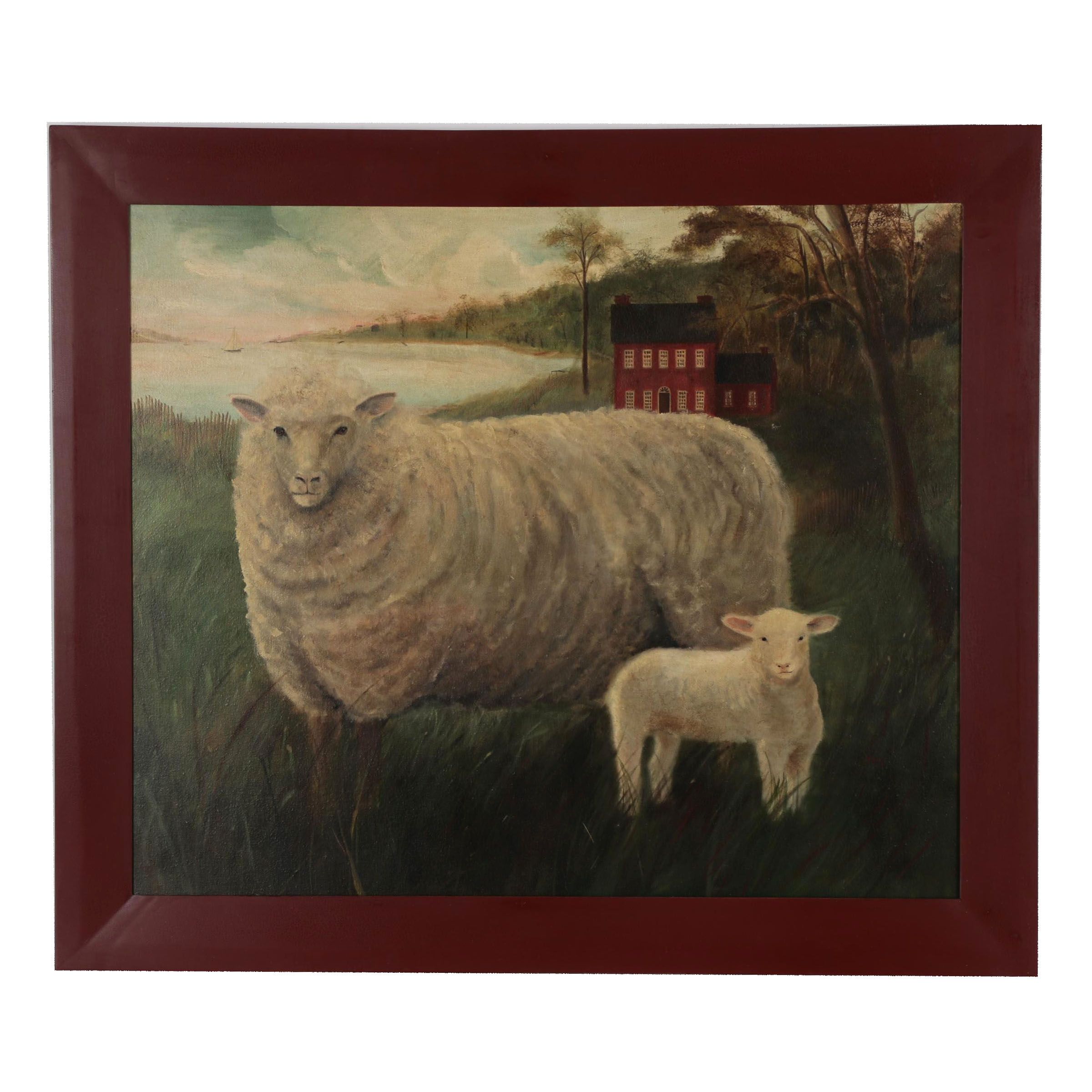 Elizabeth Gilkey Folk Art Oil Painting of Sheep
