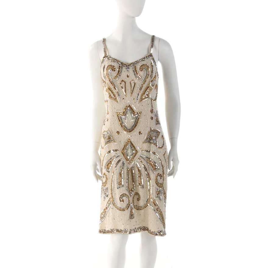 Bead and Sequin Embellished Silk Sleeveless Cocktail Dress