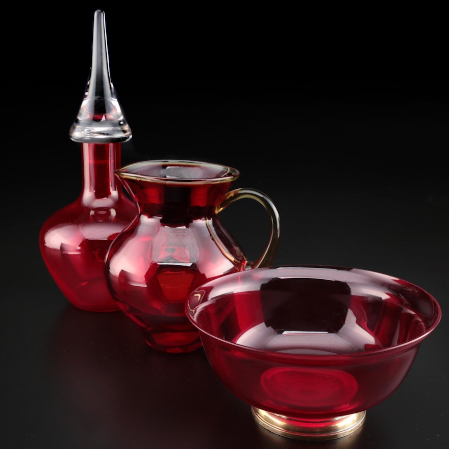 Gorham Paul Revere Sterling and Red Glass Bowl with More Glass Table Accessories