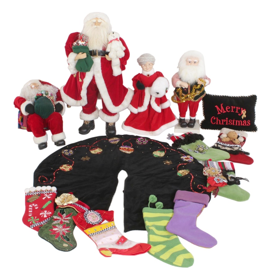 Standing Santa Display Dolls with Handmade Stockings and Other Christmas Décor