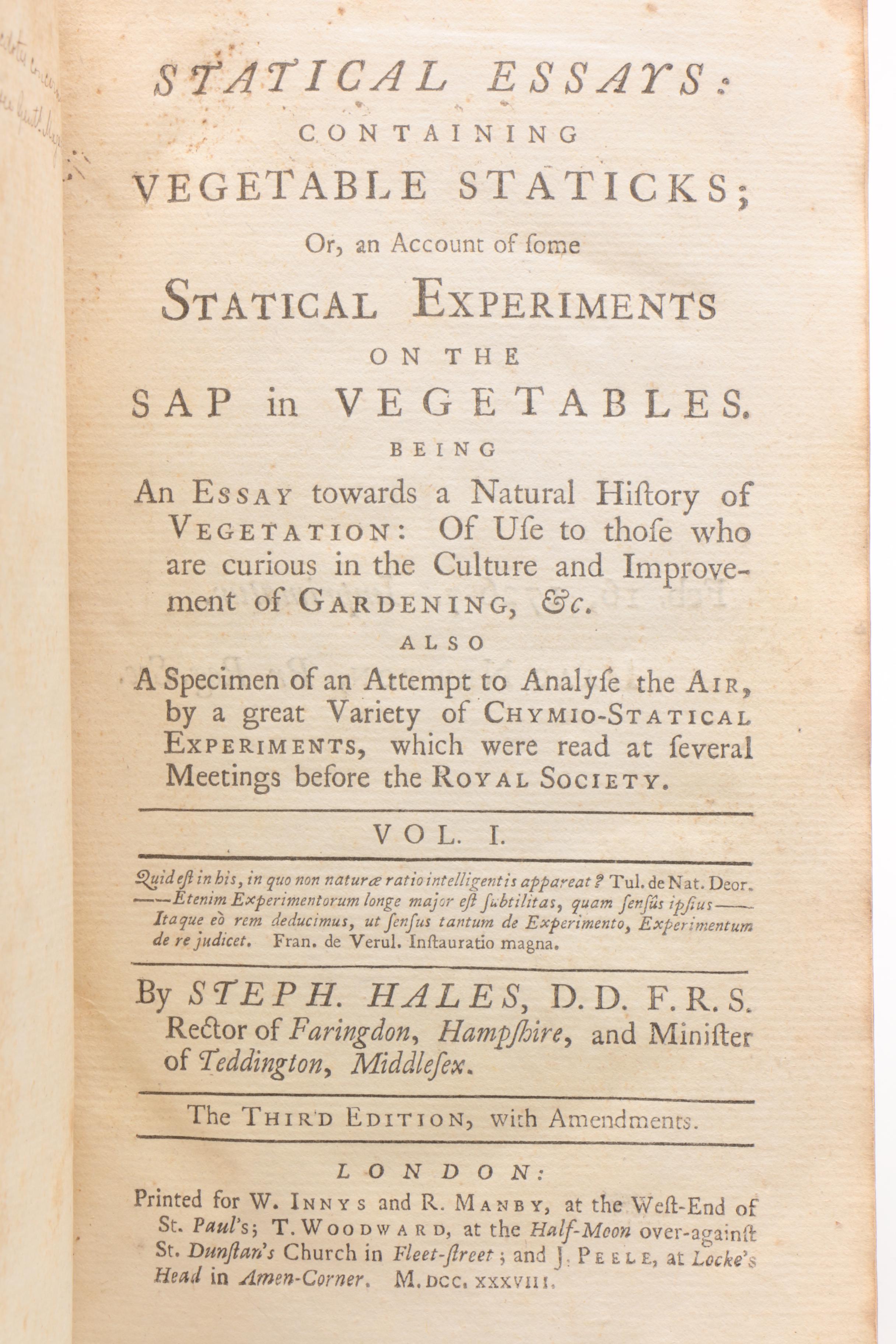Two-Volume "Statical Essays" Third Edition by Stephen Hales, 1738–1740