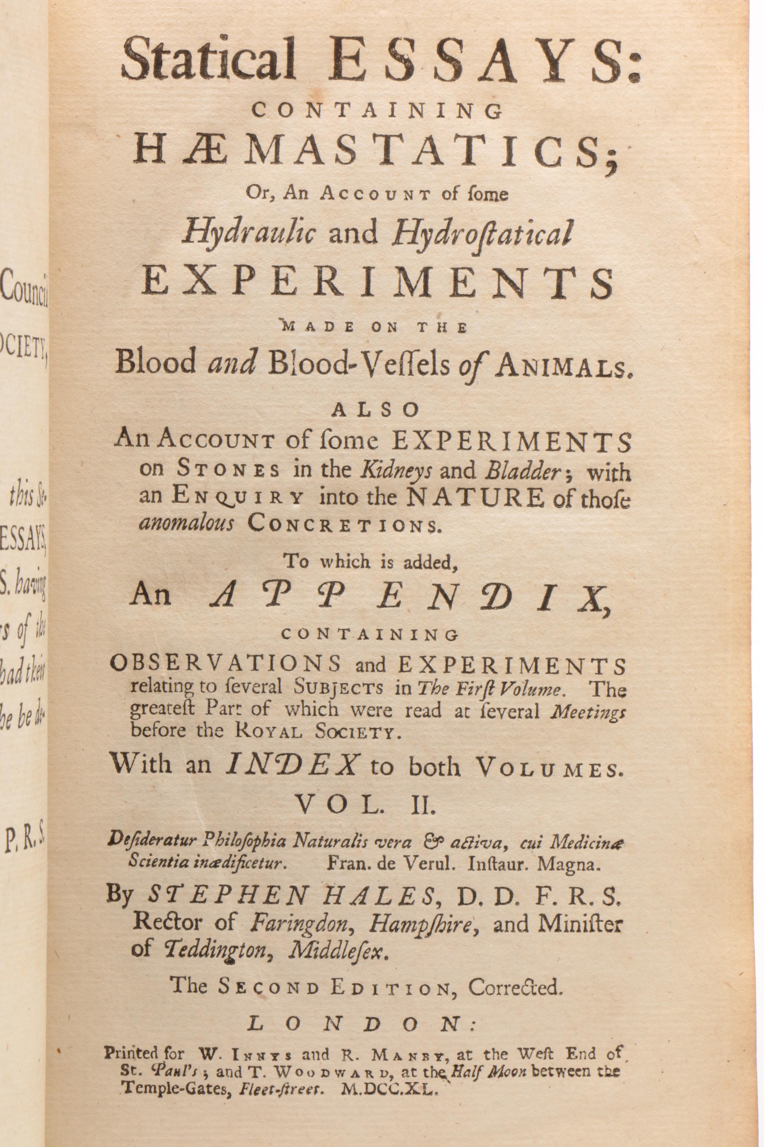Two-Volume "Statical Essays" Third Edition by Stephen Hales, 1738–1740