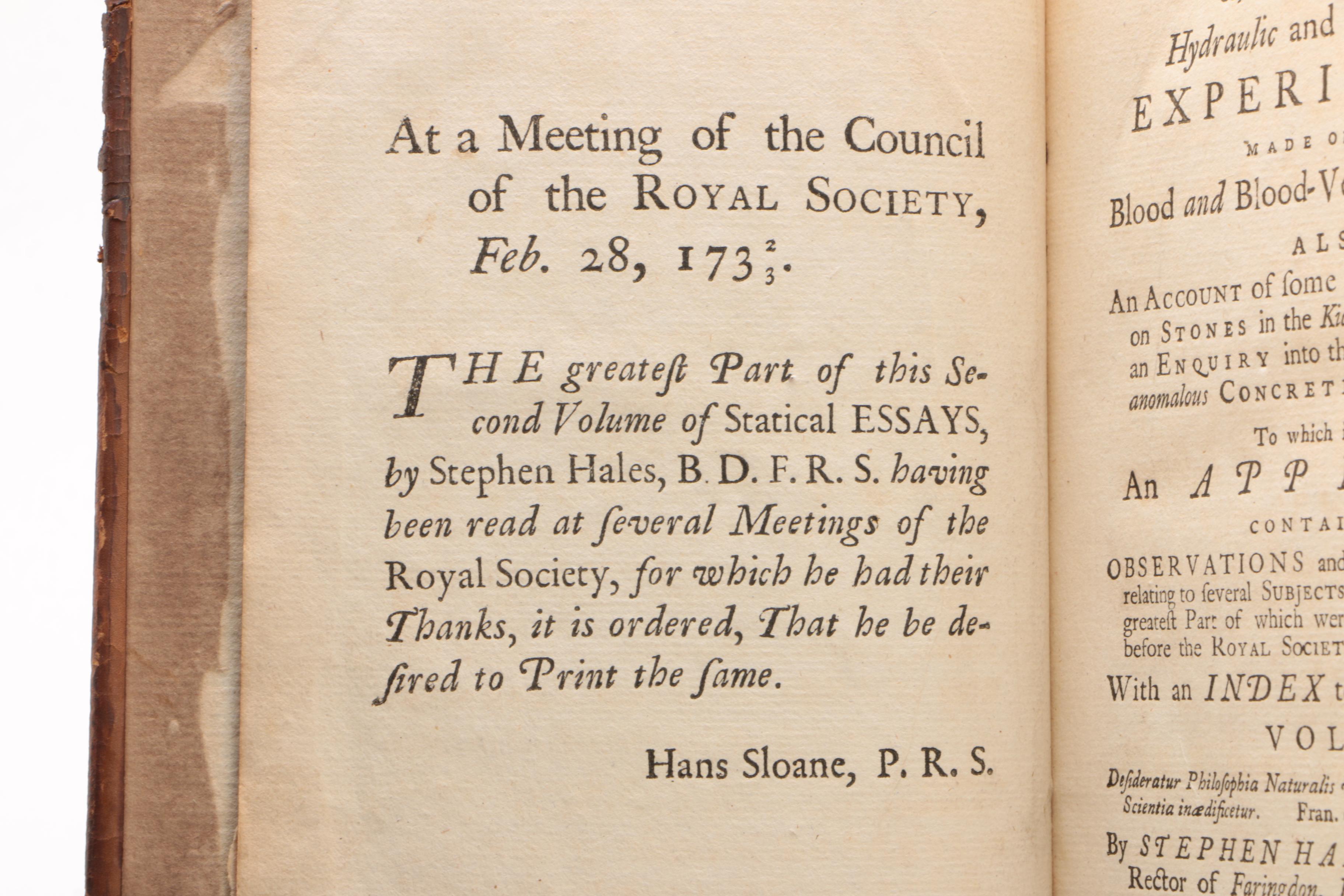 Two-Volume "Statical Essays" Third Edition by Stephen Hales, 1738–1740