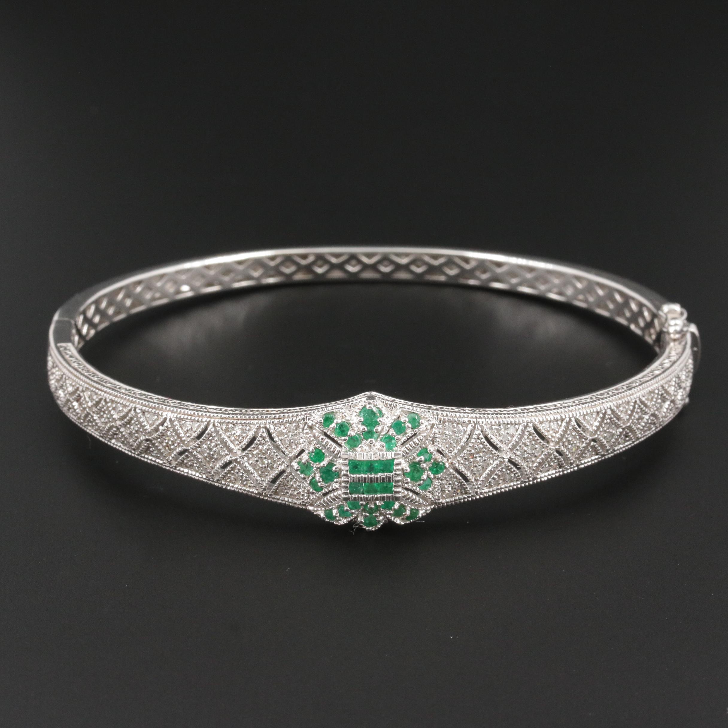 Vintage Style Sterling Silver Emerald and Diamond Bangle Bracelet