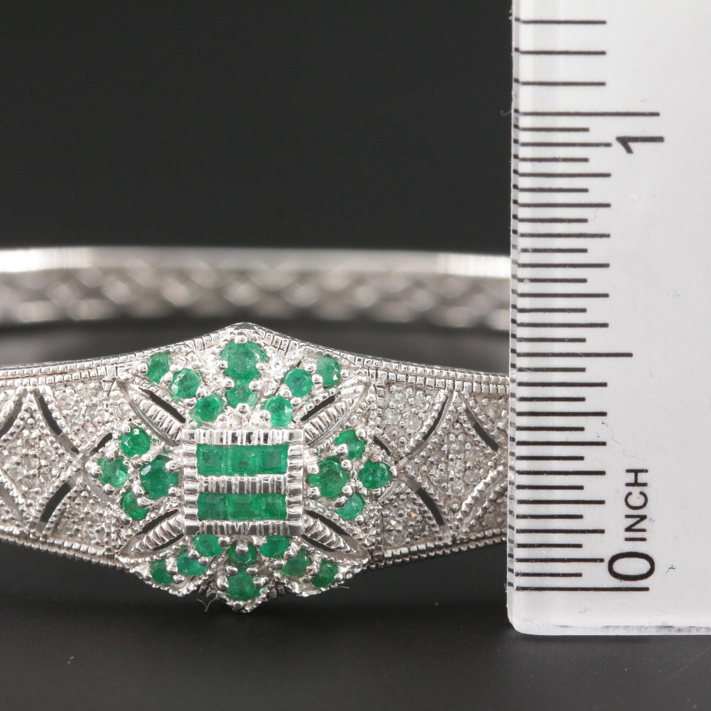 Vintage Style Sterling Silver Emerald and Diamond Bangle Bracelet