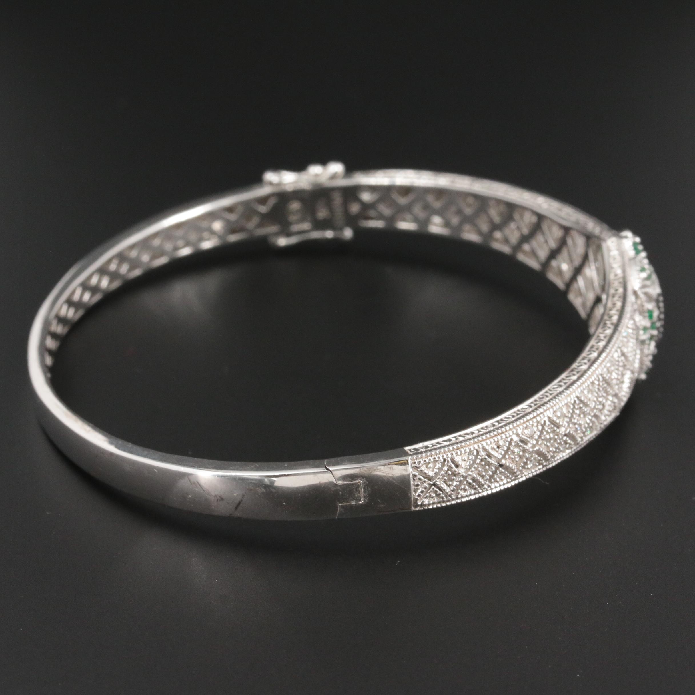 Vintage Style Sterling Silver Emerald and Diamond Bangle Bracelet