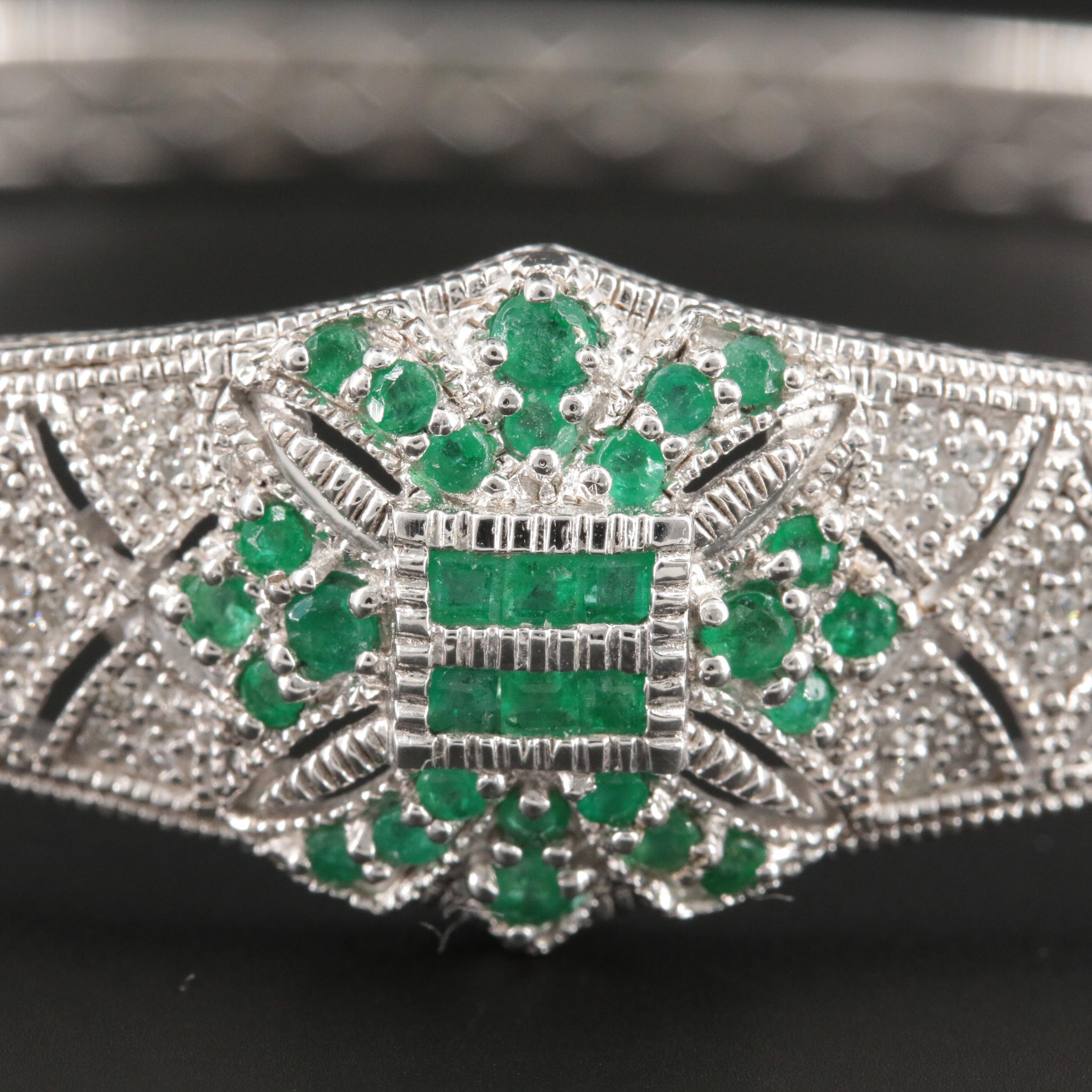 Vintage Style Sterling Silver Emerald and Diamond Bangle Bracelet