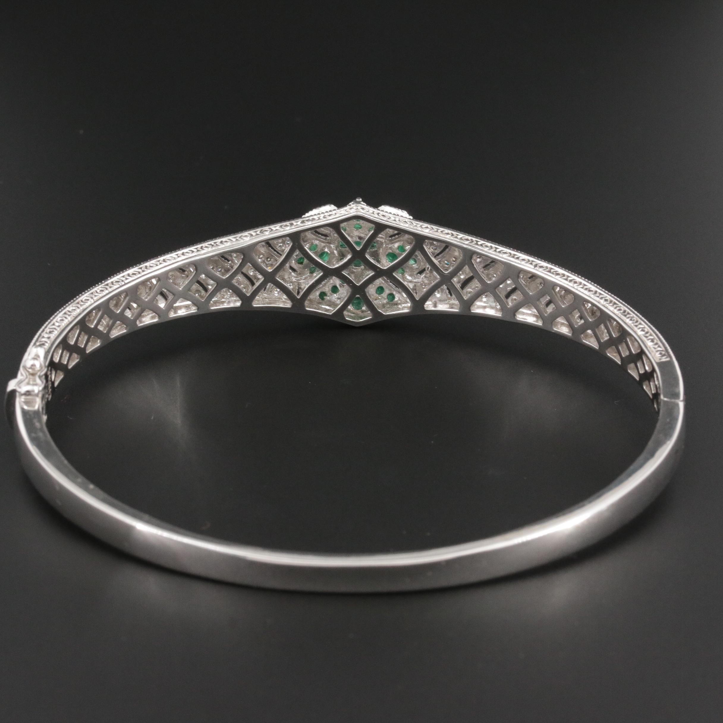 Vintage Style Sterling Silver Emerald and Diamond Bangle Bracelet