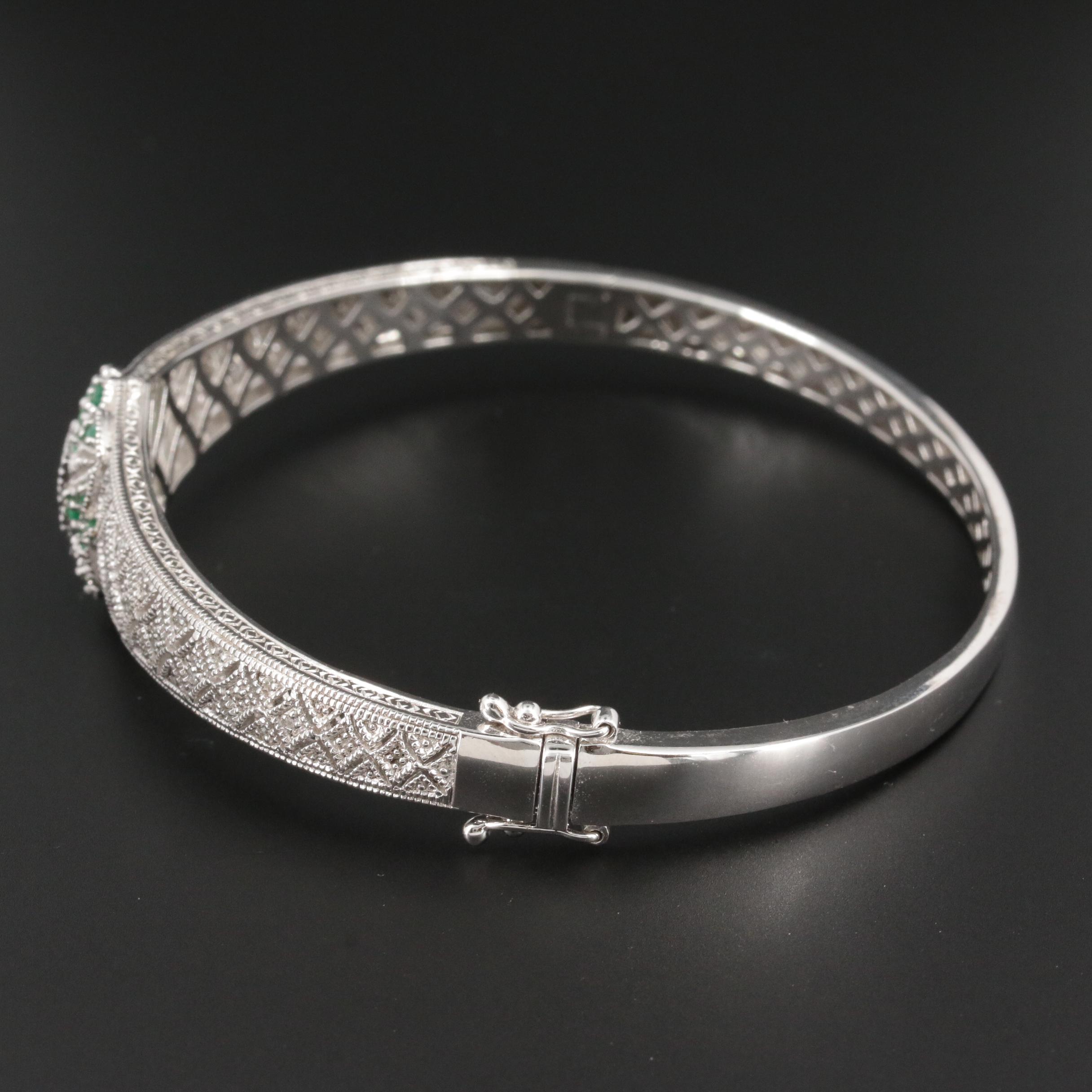 Vintage Style Sterling Silver Emerald and Diamond Bangle Bracelet
