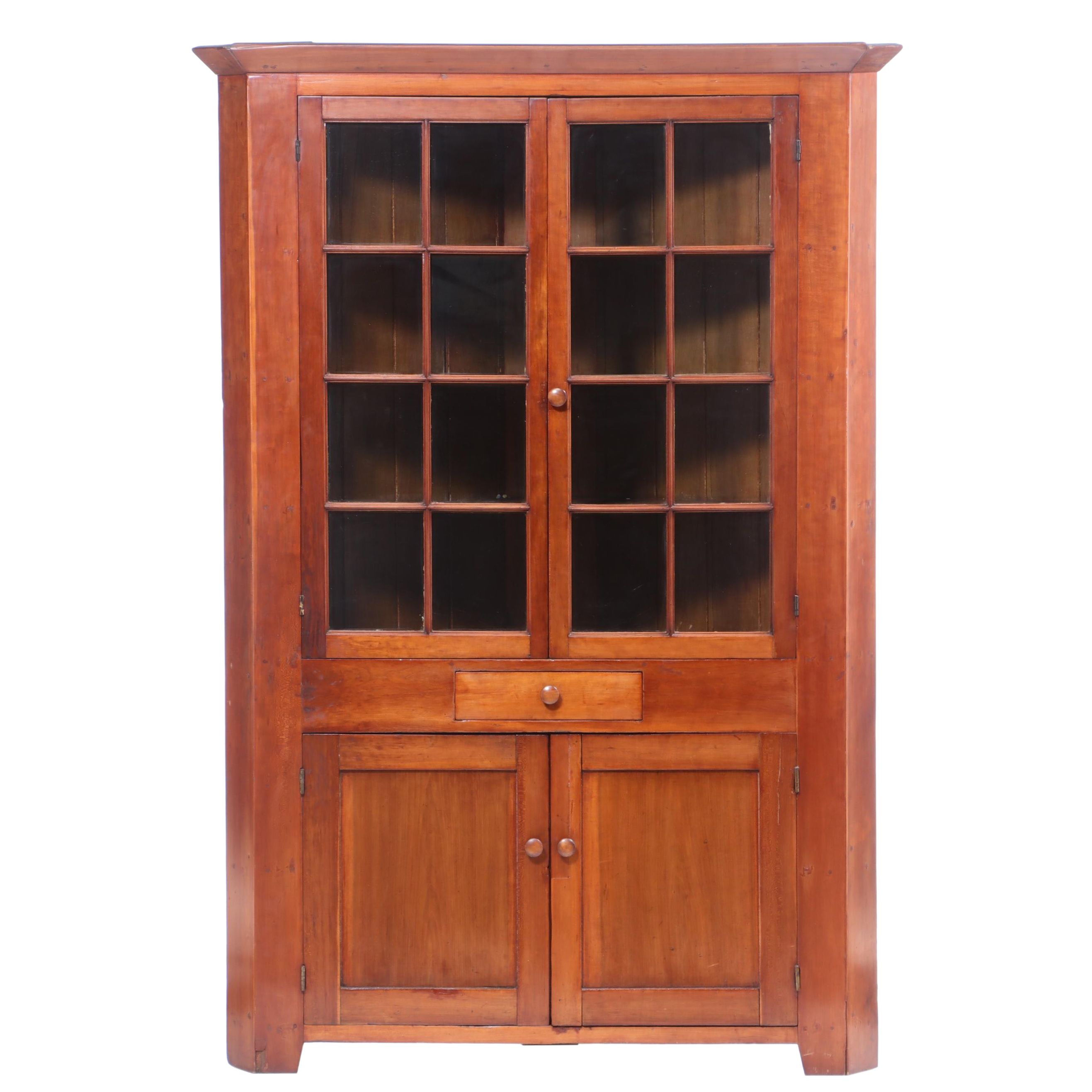 American Cherry Glazed-Door Corner Cupboard, Mid-19th Century