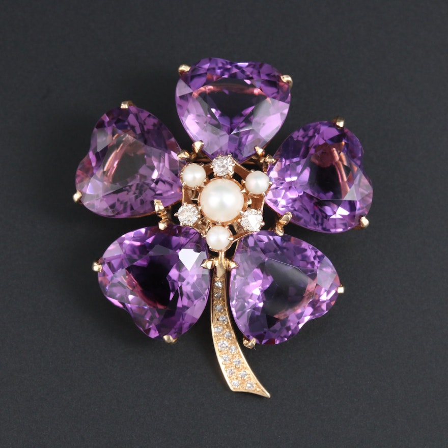 14K Yellow Gold Amethyst, Pearl and Diamond Brooch