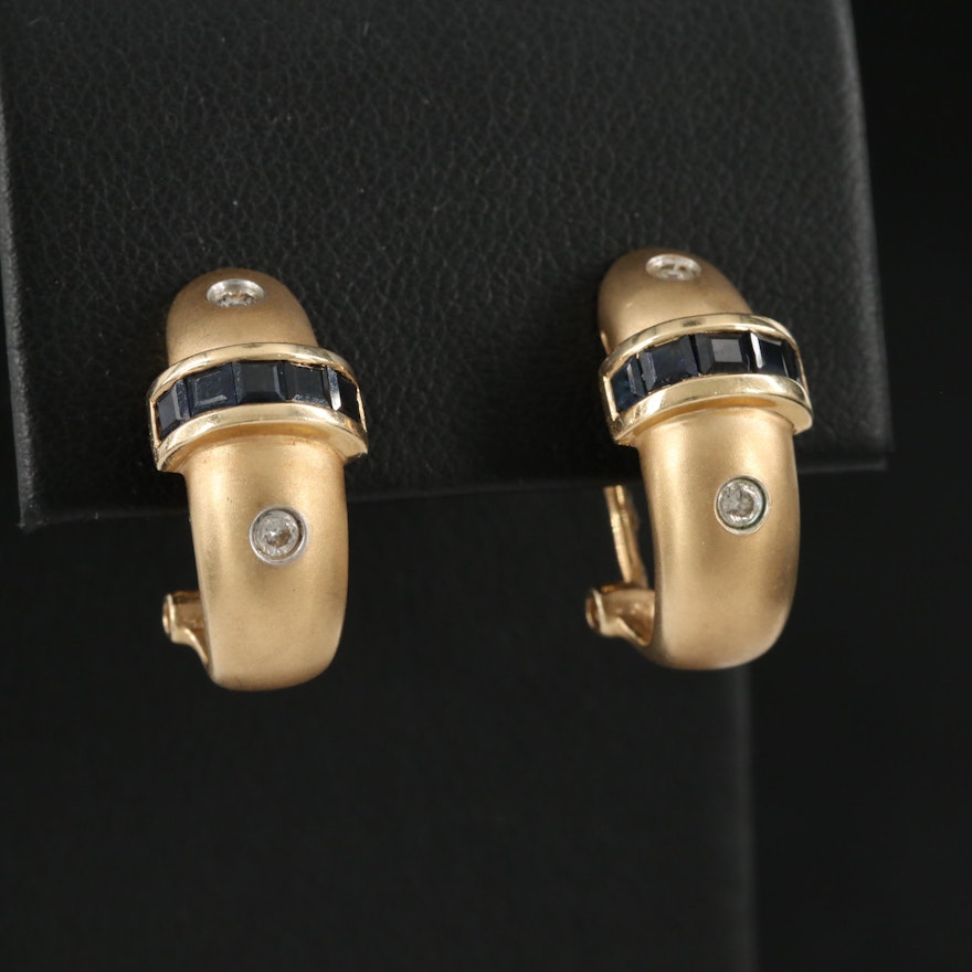 14K Yellow Gold Diamond and Sapphire J-Hoop Earrings