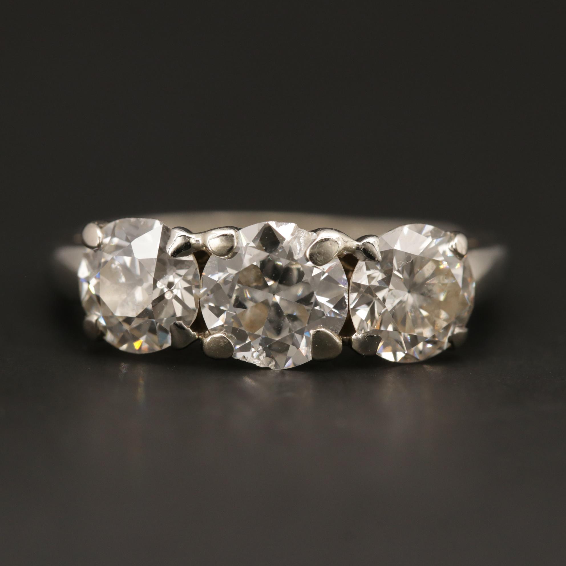 Vintage 14K White Gold 2.16 CTW Diamond Three Stone Ring