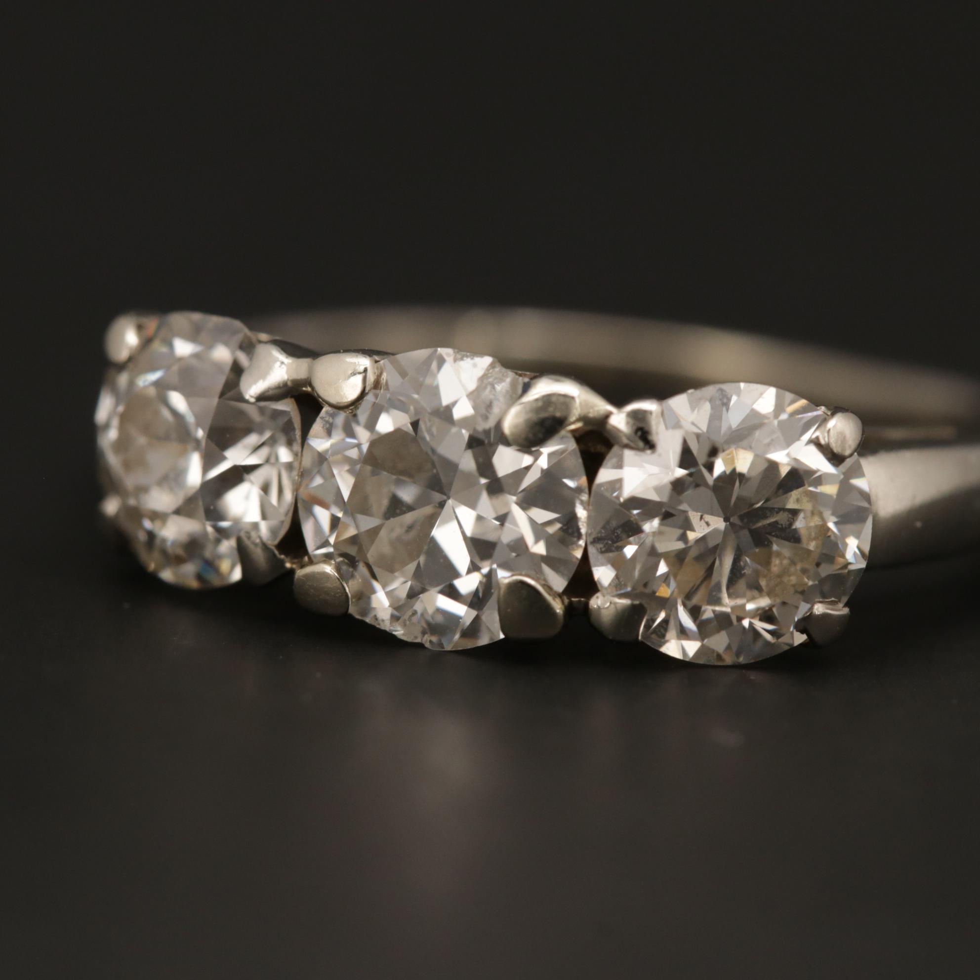 Vintage 14K White Gold 2.16 CTW Diamond Three Stone Ring