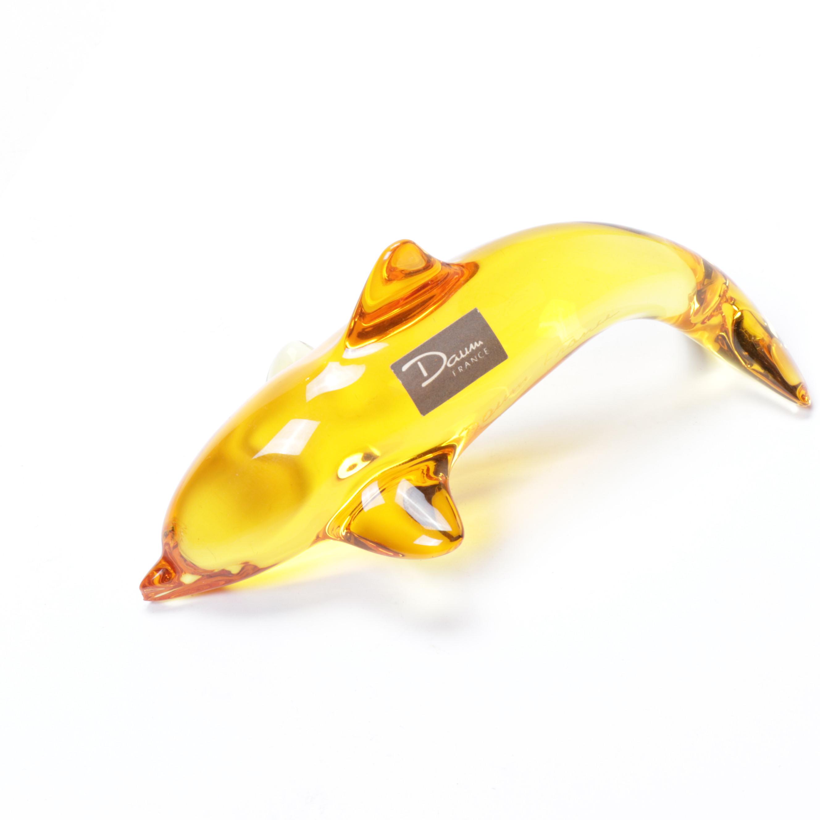 Daum France Crystal Amber Dolphin Figurine