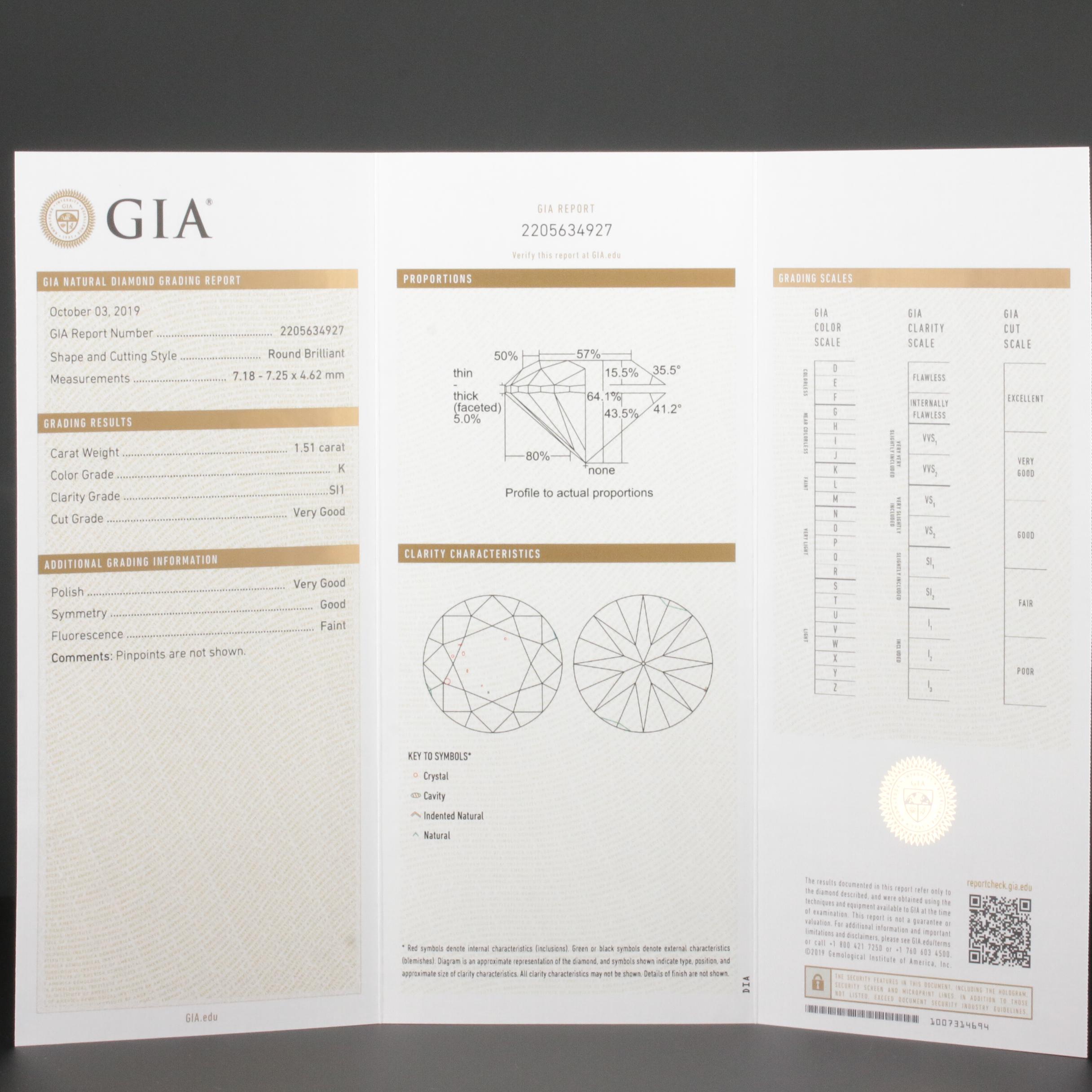 Loose 1.51 CT Round Brilliant Cut Diamond Gemstone with GIA Report