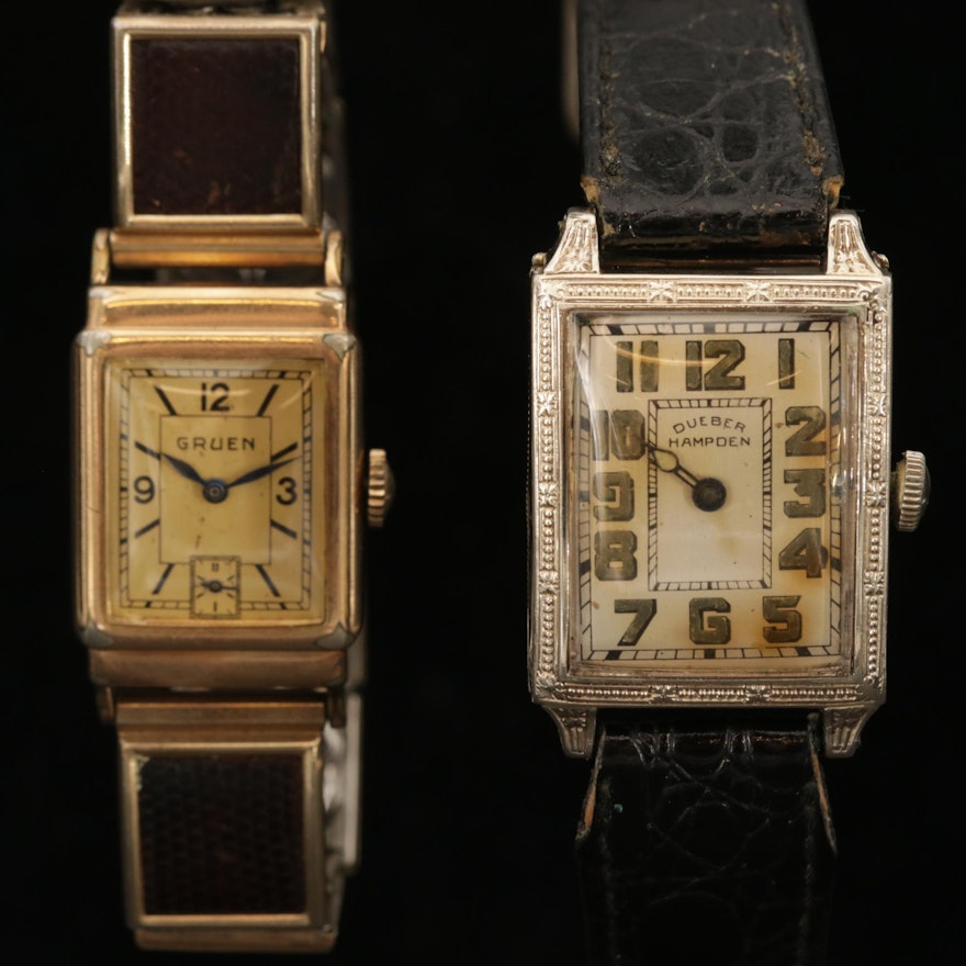Vintage Gruen and Dueber Hampden Gold Filled Stem Wind Wristwatches