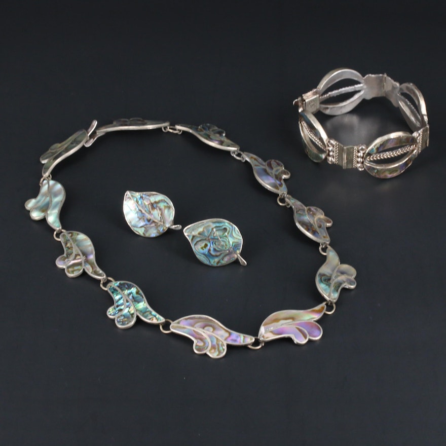 Mexican Sterling and 950 Silver Abalone Necklace, Earrings and Bracelet
