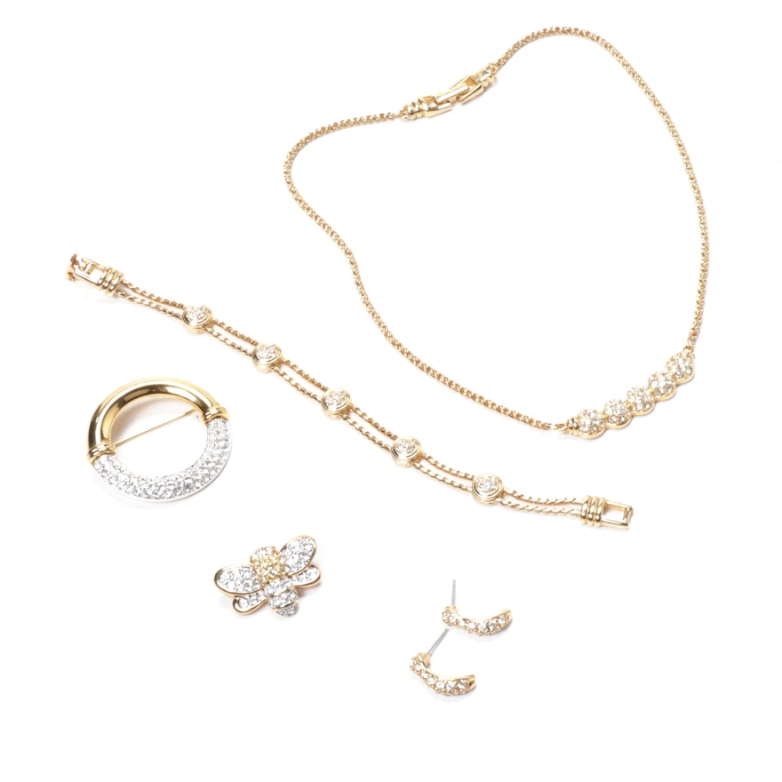 Swarovski Gold Tone Crystal Jewelry Including Bee Brooch