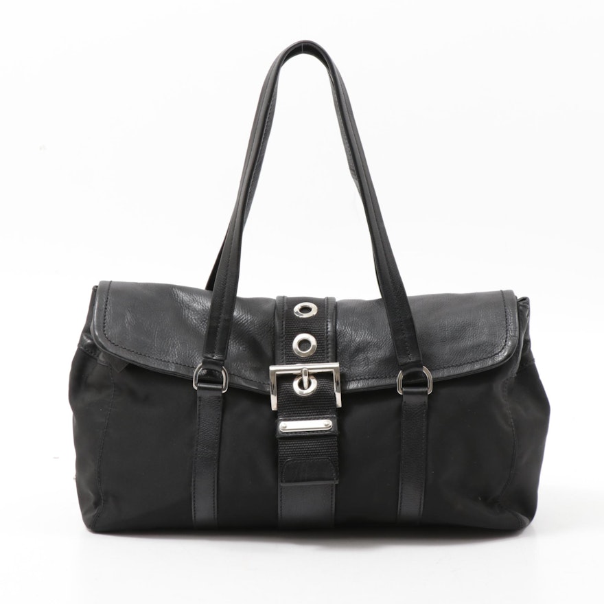 Prada Black Leather and Tessuto Nylon Buckle Flap Shoulder Bag