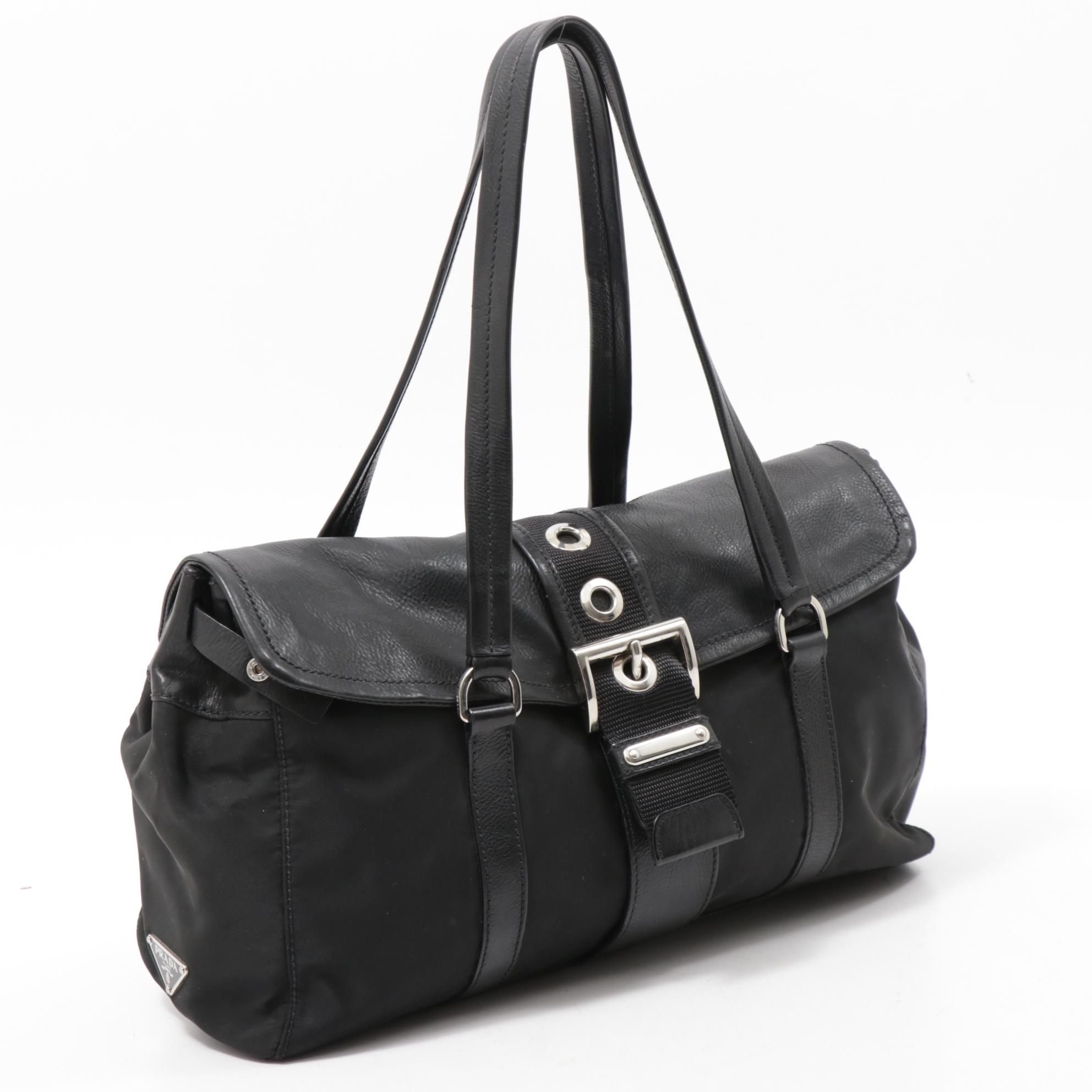 Prada Black Leather and Tessuto Nylon Buckle Flap Shoulder Bag